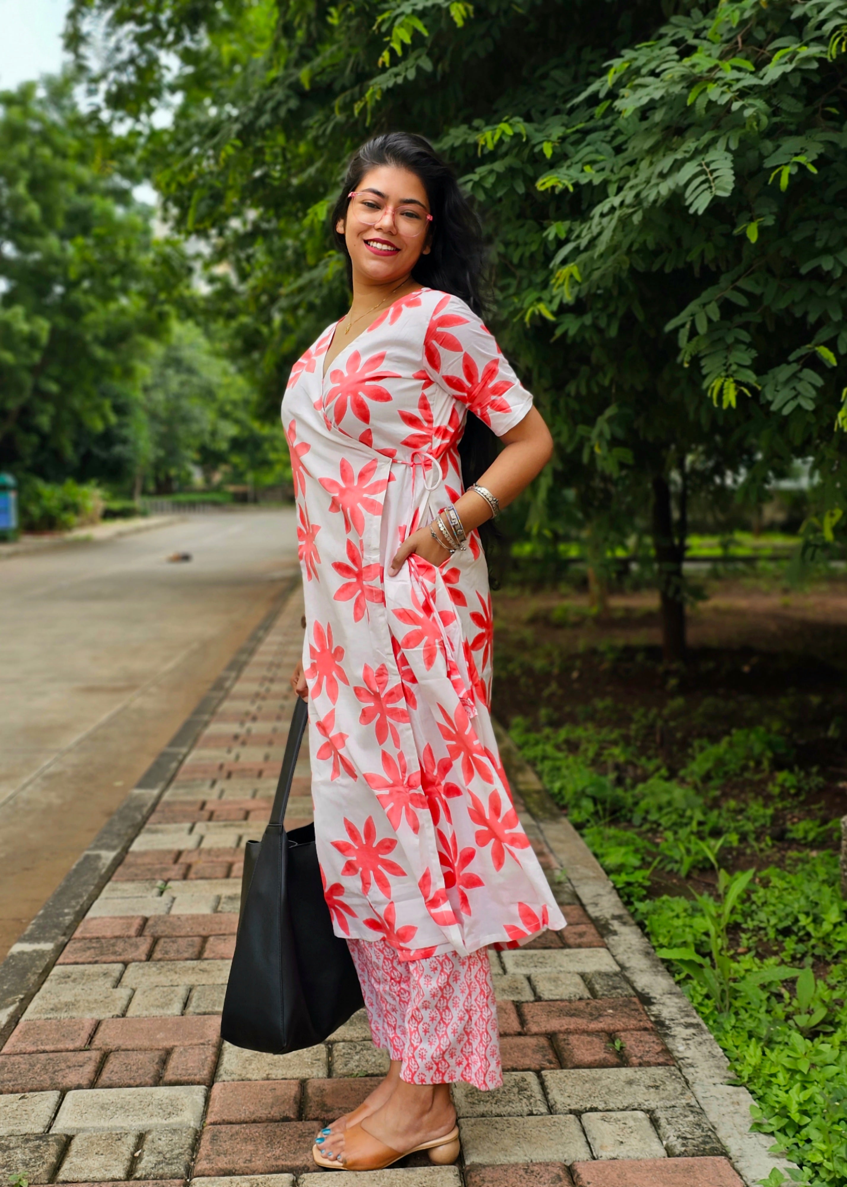 Wild Bloom White Peach Kurta Pant Set