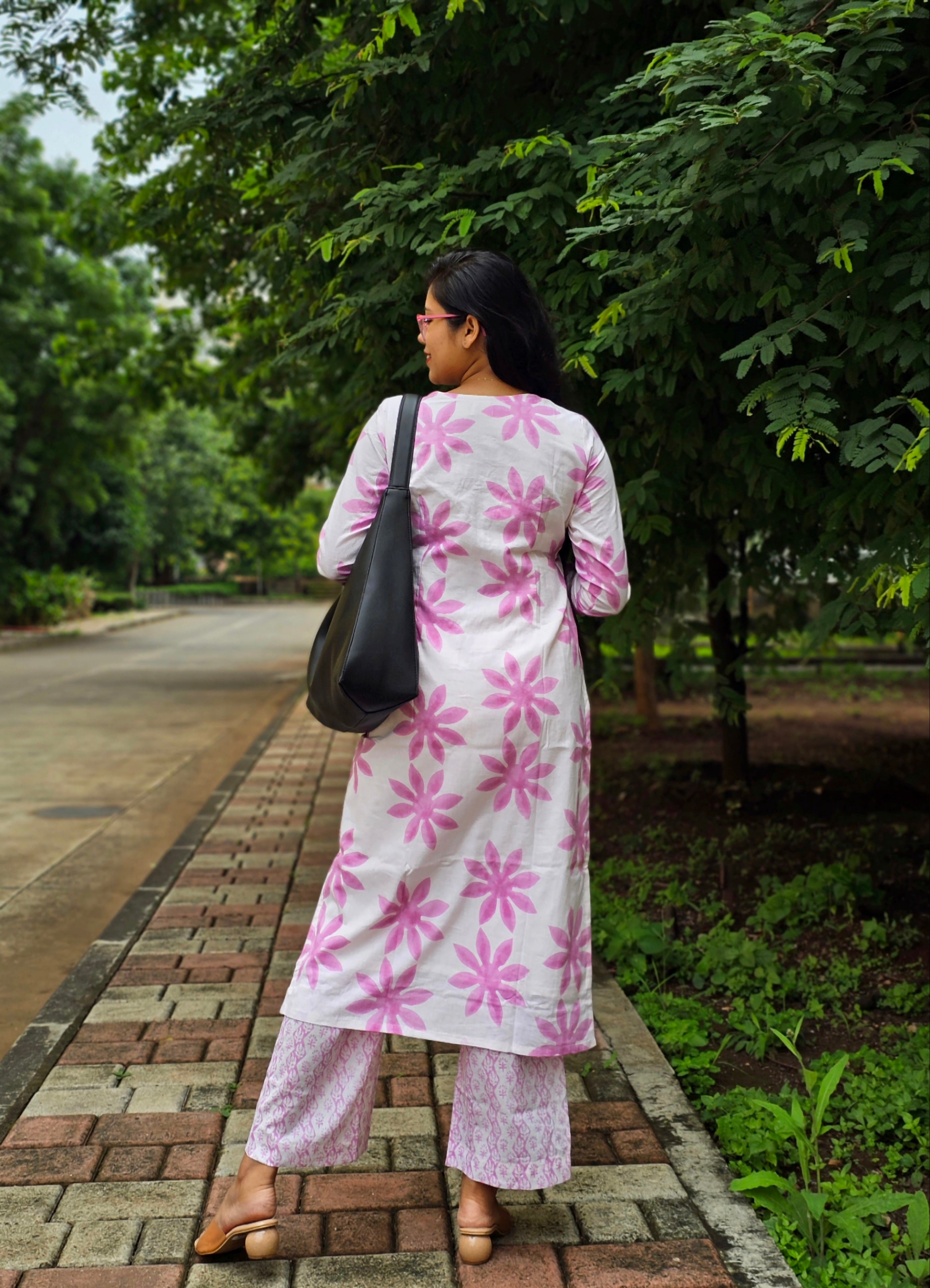 Wild Bloom White and Pink Kurta Pant Set