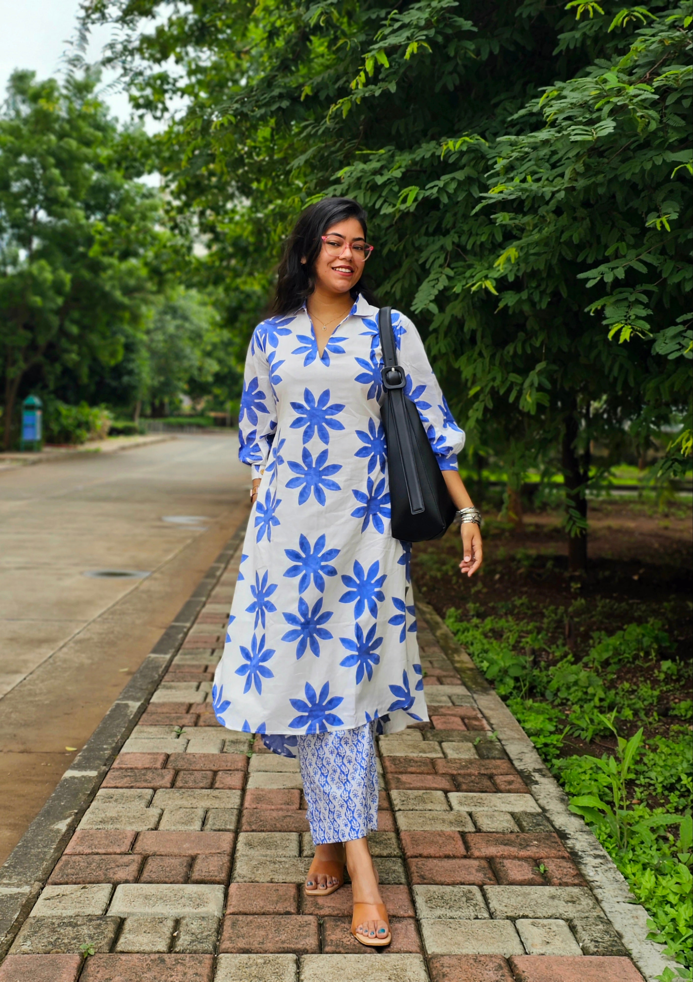Wild Bloom White and Blue Kurta Pant Set