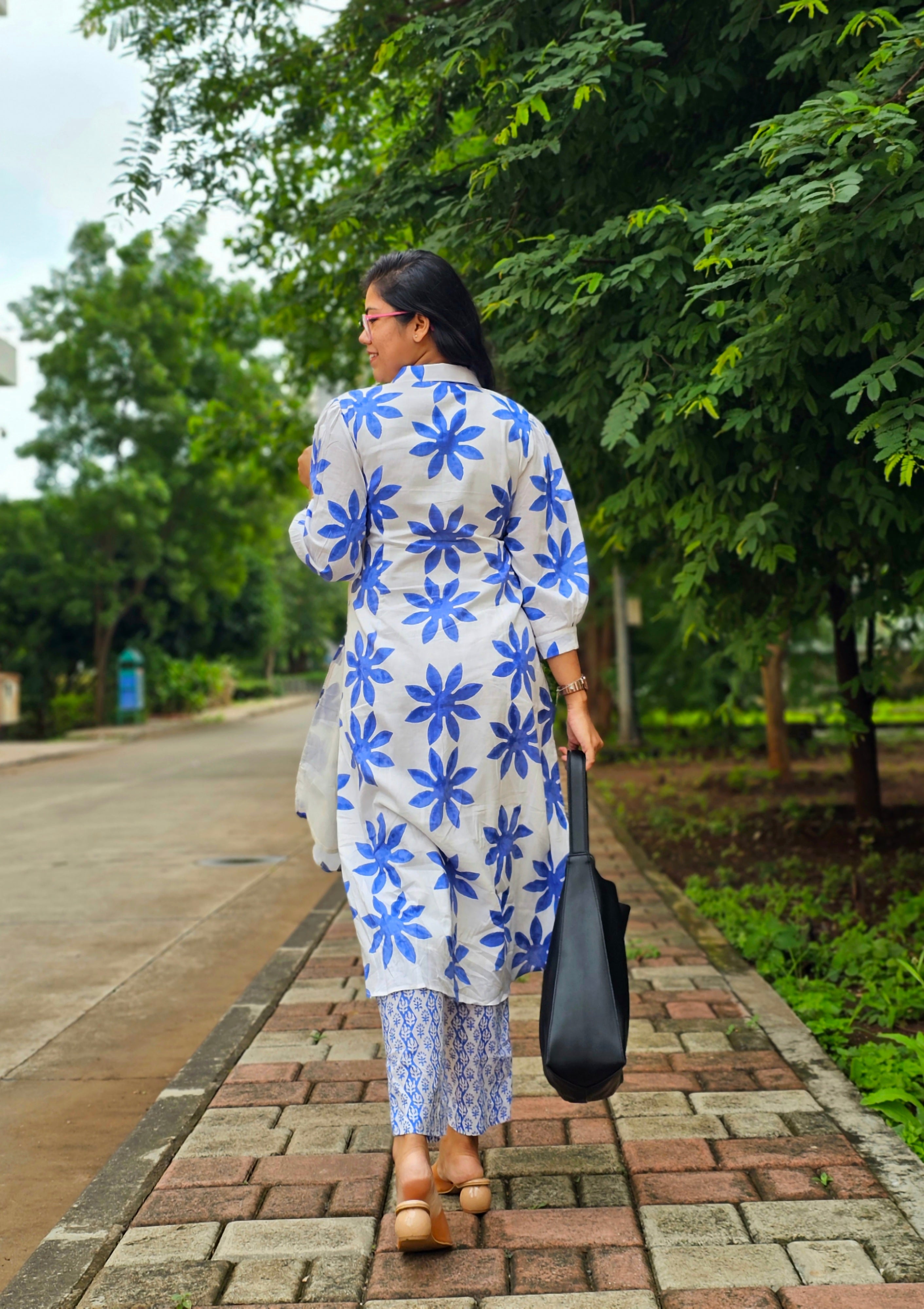 Wild Bloom White and Blue Kurta Pant Set