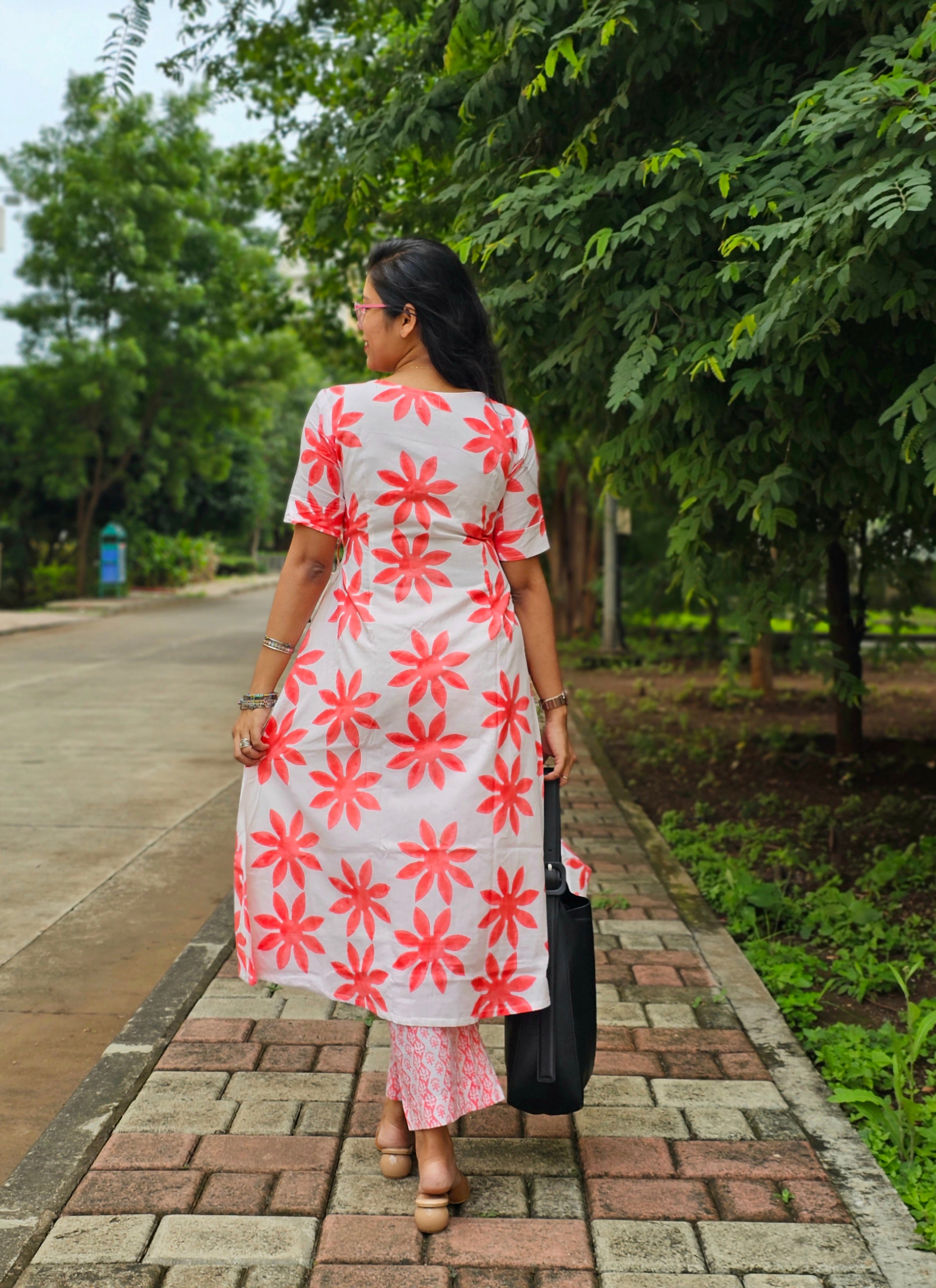 Wild Bloom White Peach Kurta Pant Set