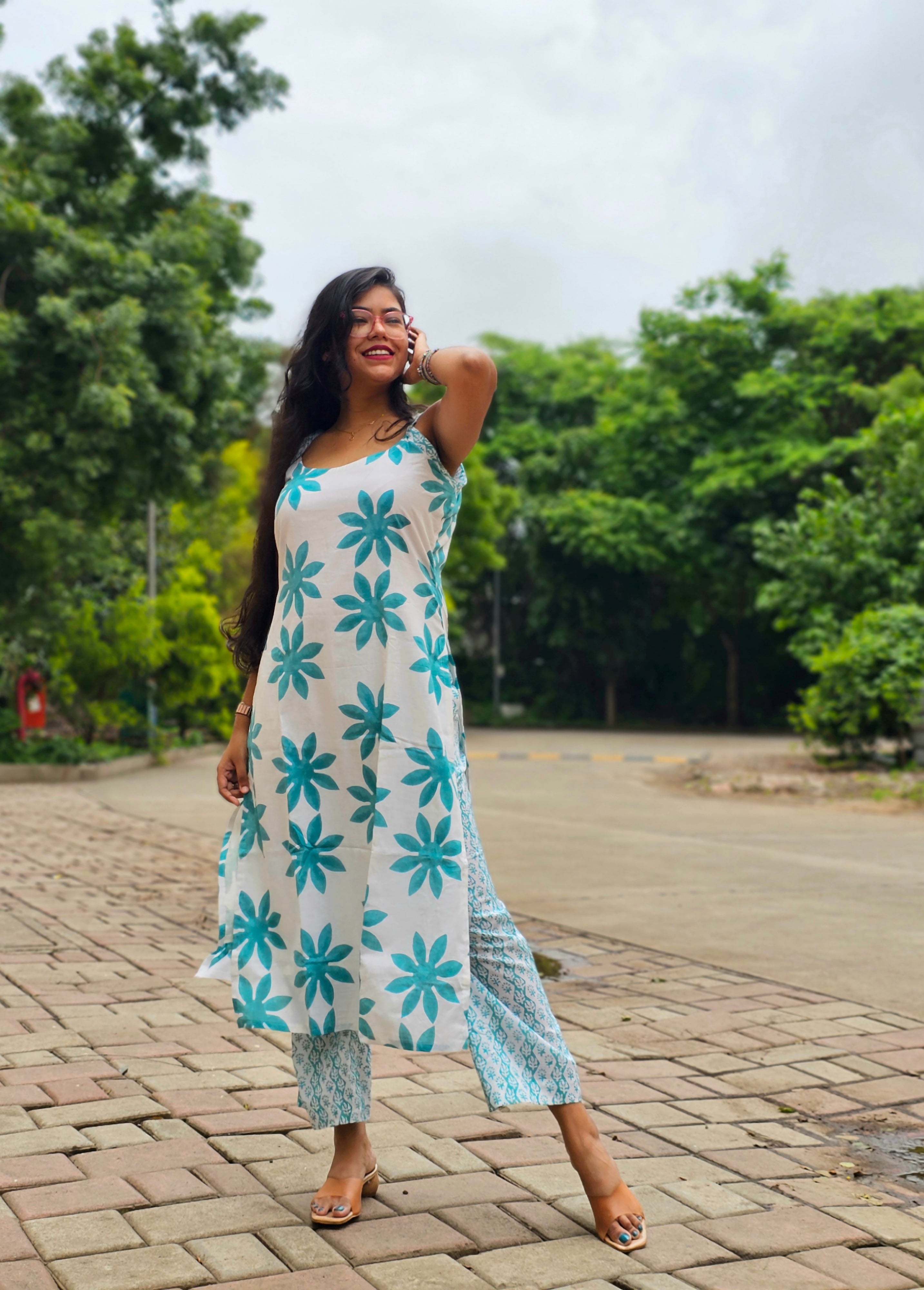 Wild Bloom White and Turquoise Kurta Pant Set