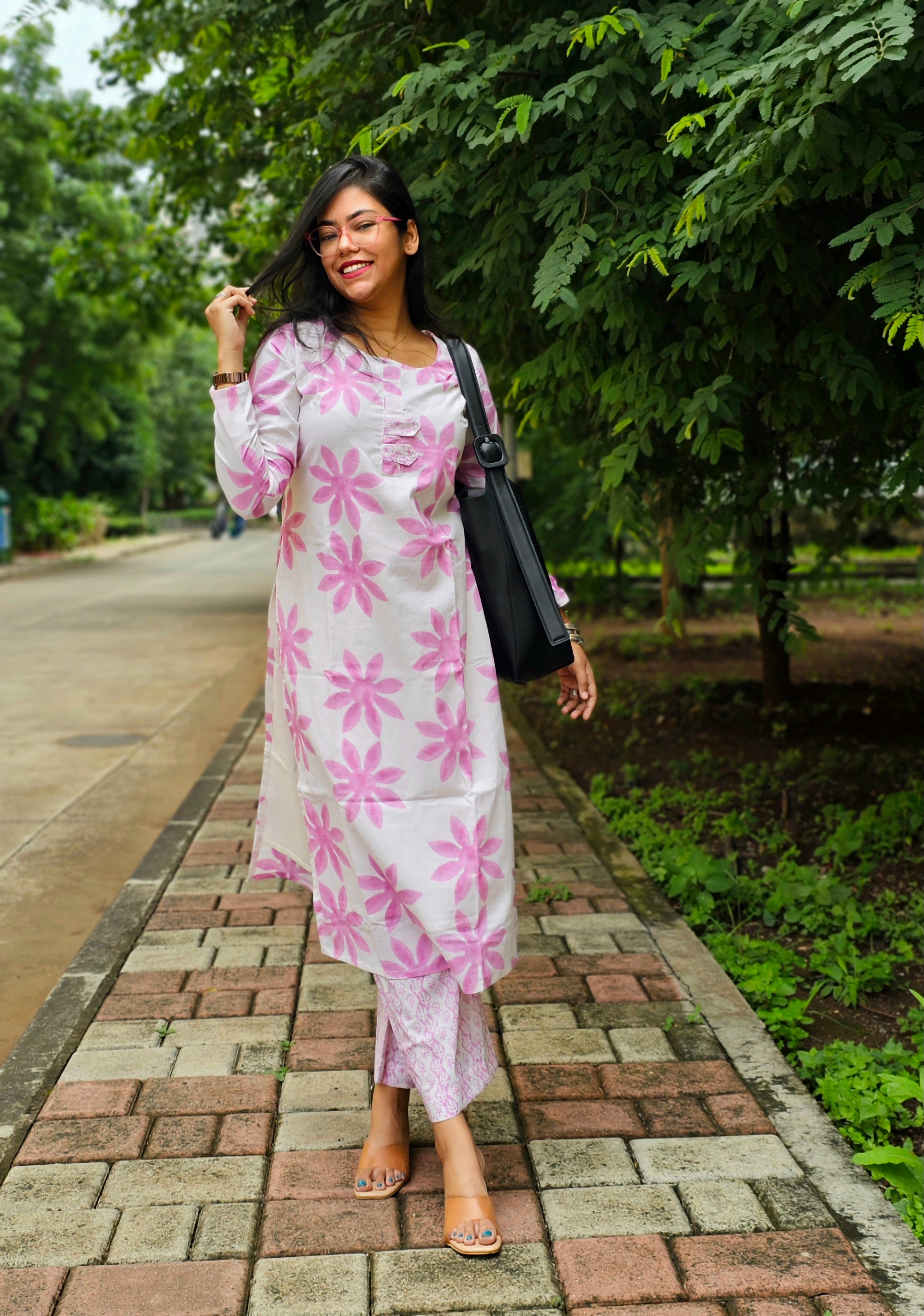 Wild Bloom White and Pink Kurta Pant Set