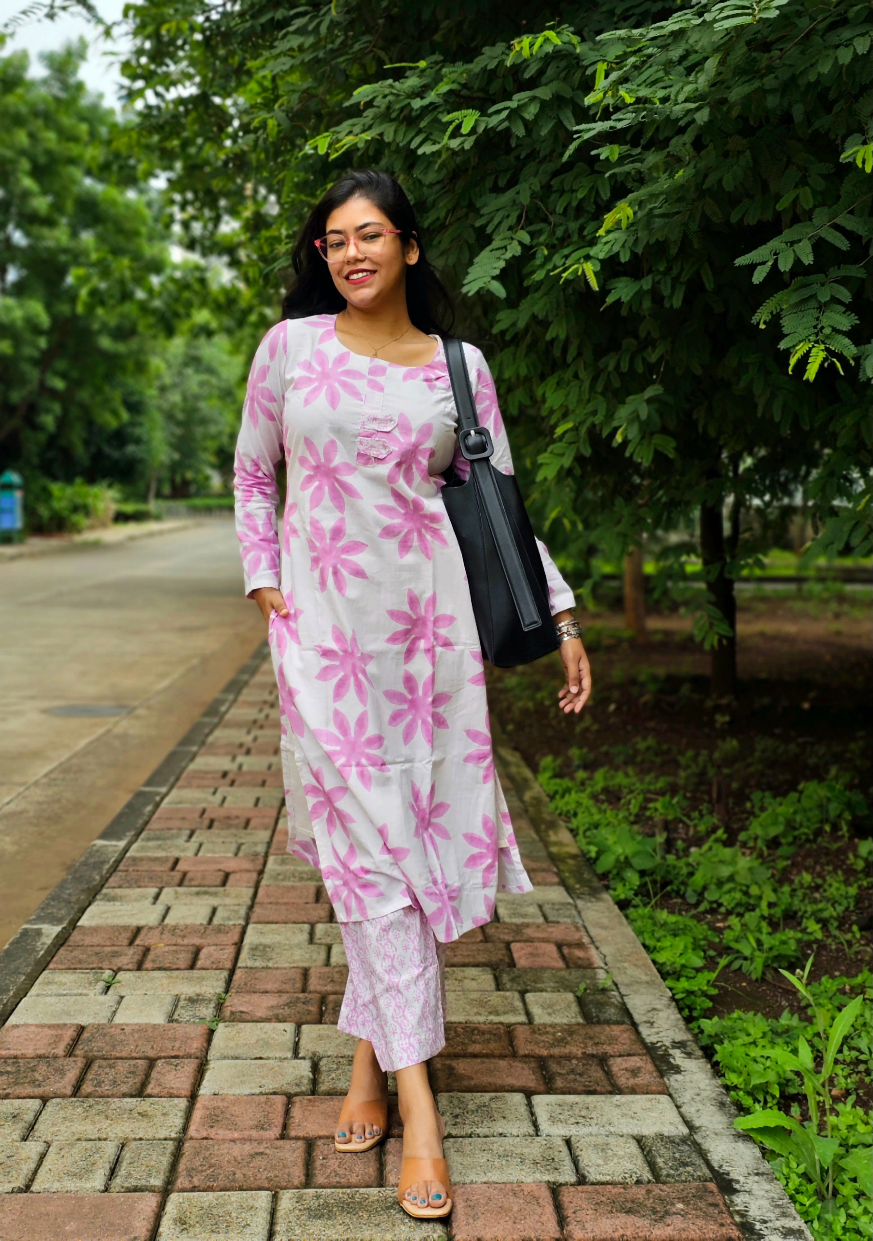 Wild Bloom White and Pink Kurta Pant Set