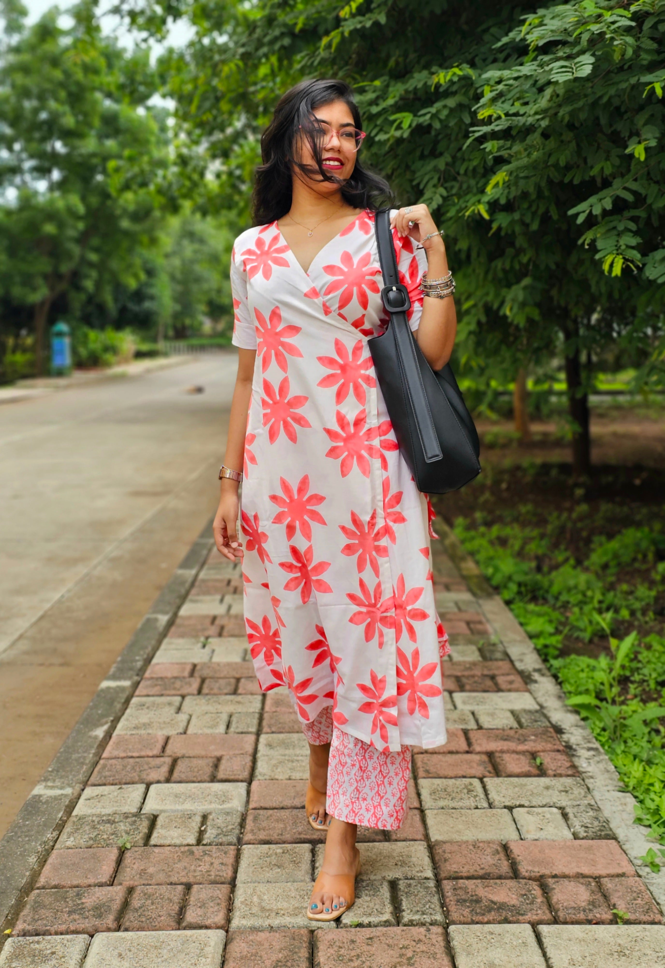 Wild Bloom White Peach Kurta Pant Set