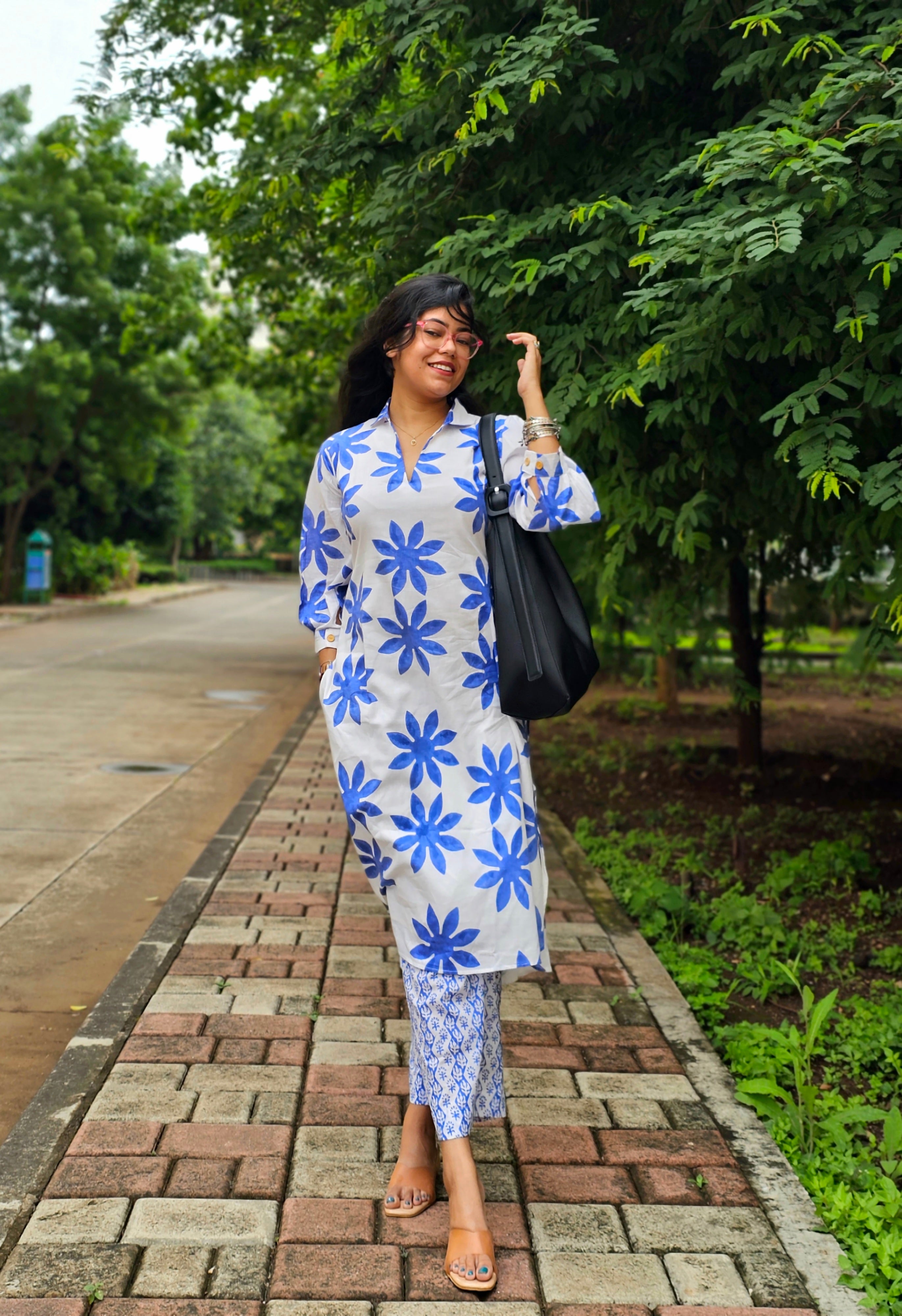 Wild Bloom White and Blue Kurta Pant Set