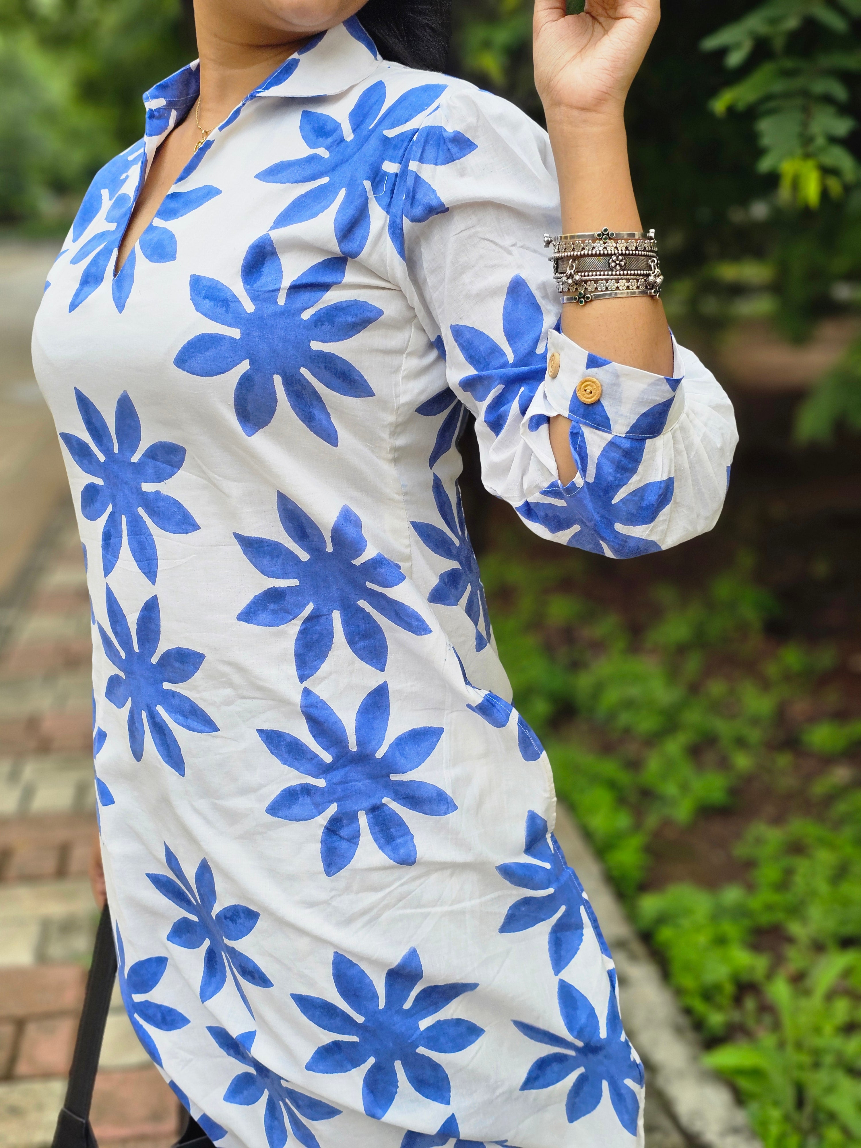 Wild Bloom White and Blue Kurta Pant Set