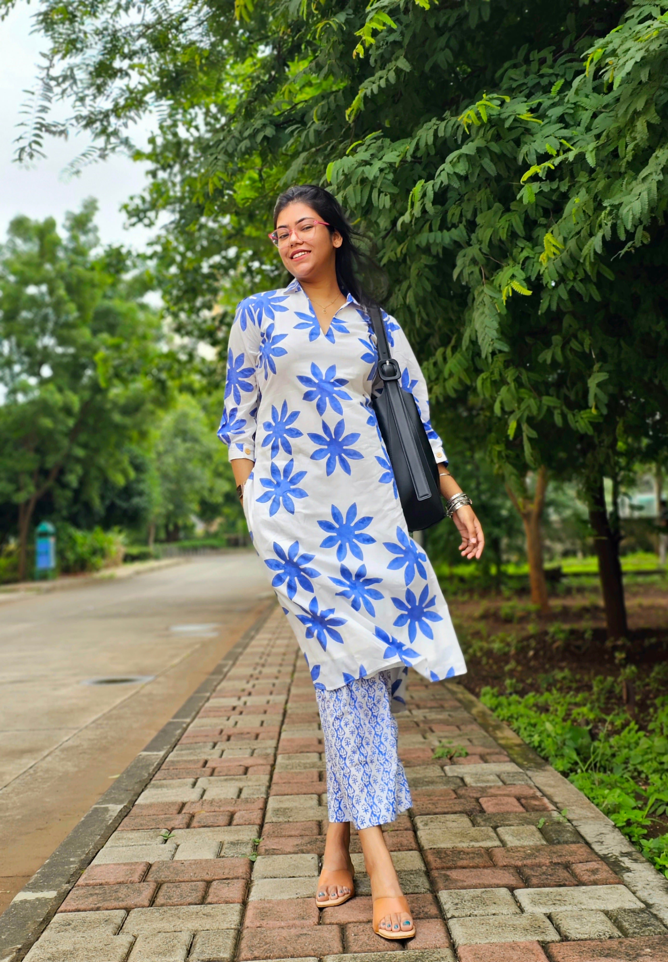 Wild Bloom White and Blue Kurta Pant Set