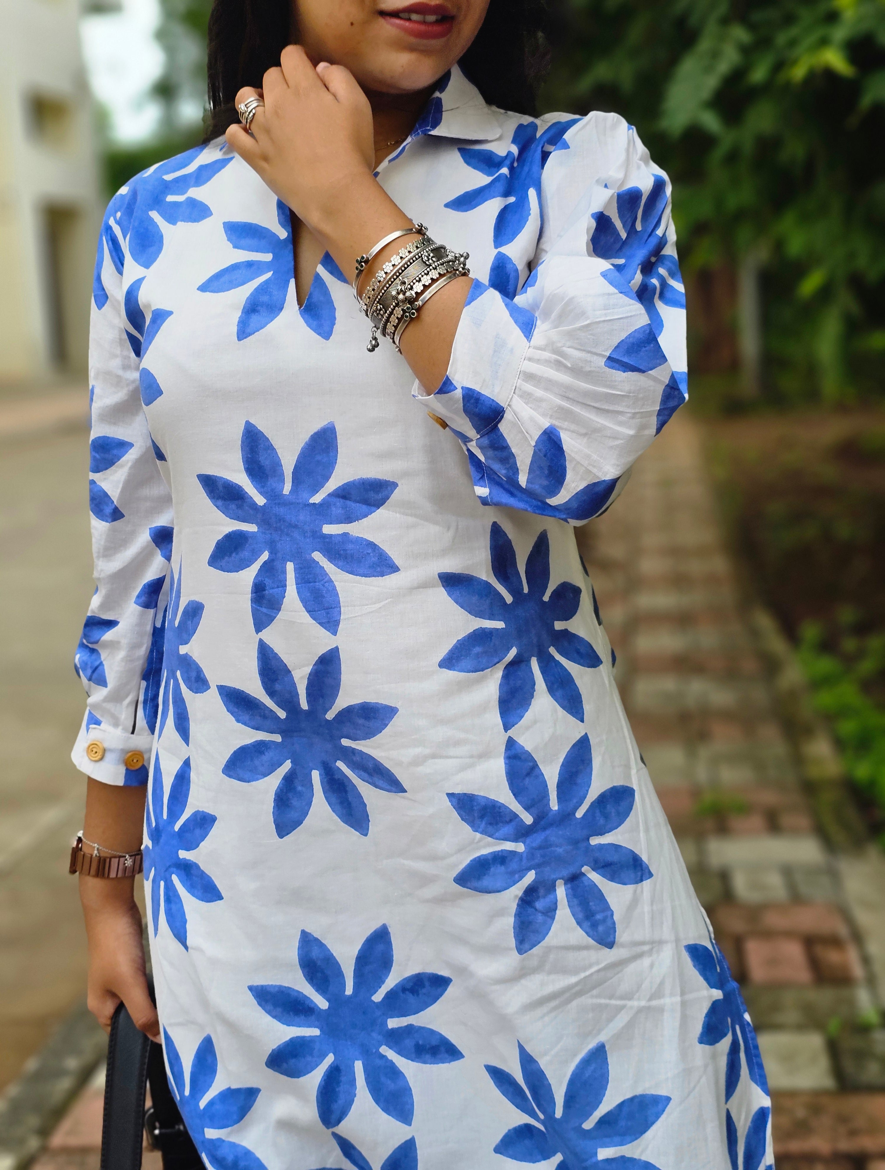 Wild Bloom White and Blue Kurta Pant Set