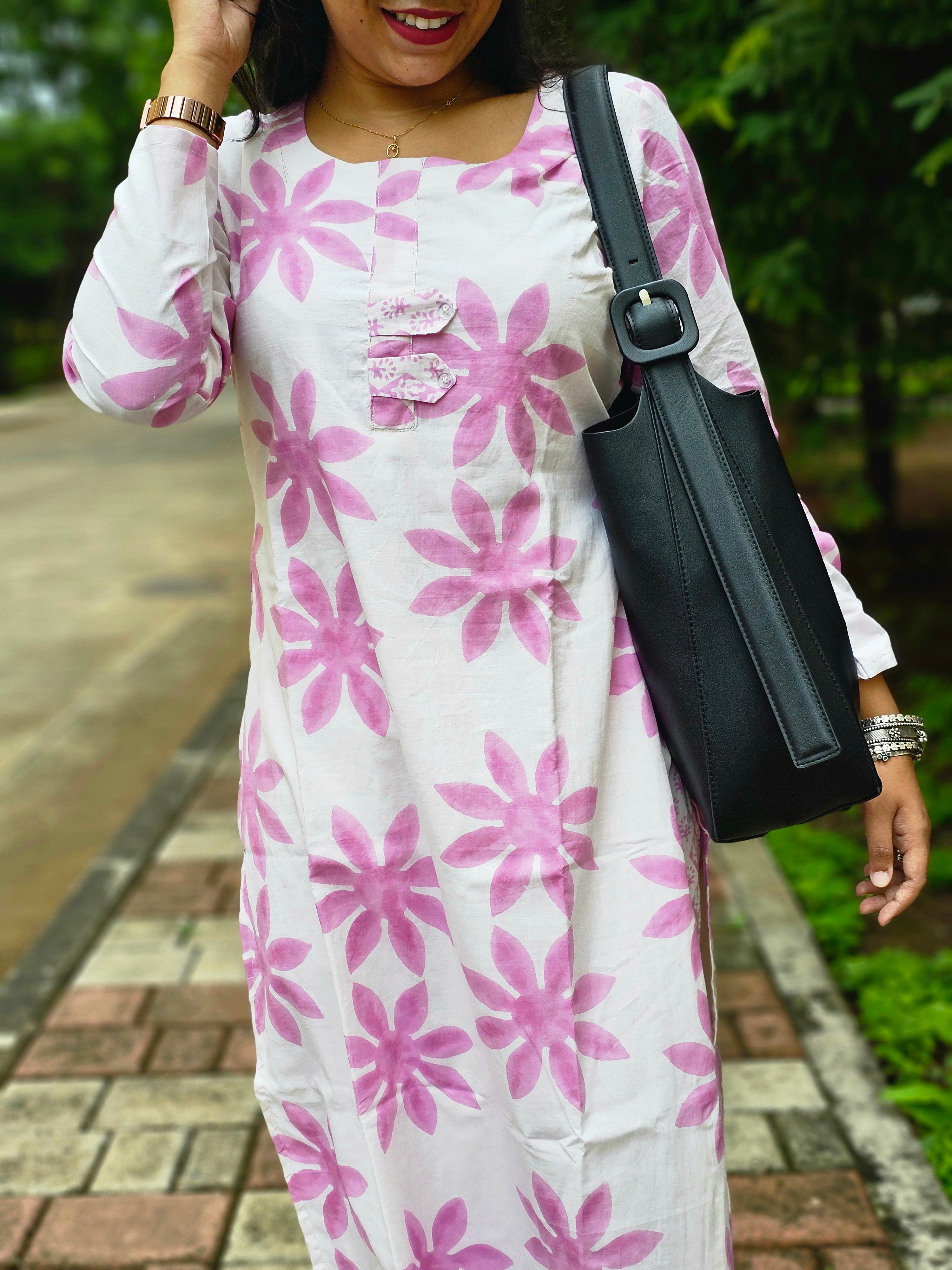 Wild Bloom White and Pink Kurta Pant Set