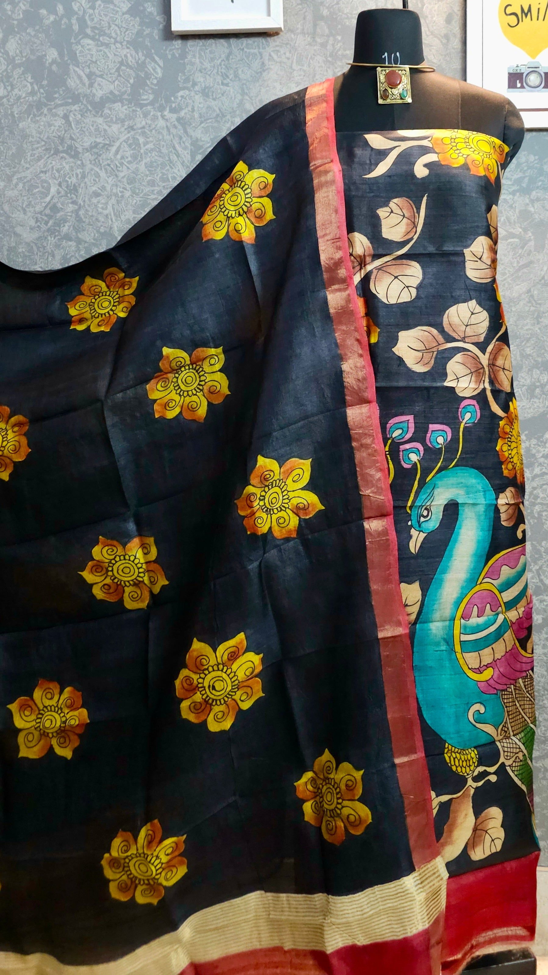 Kalamrita - Black Gachhi Tussar with Peacock Motif & Floral Pen Kalamkari