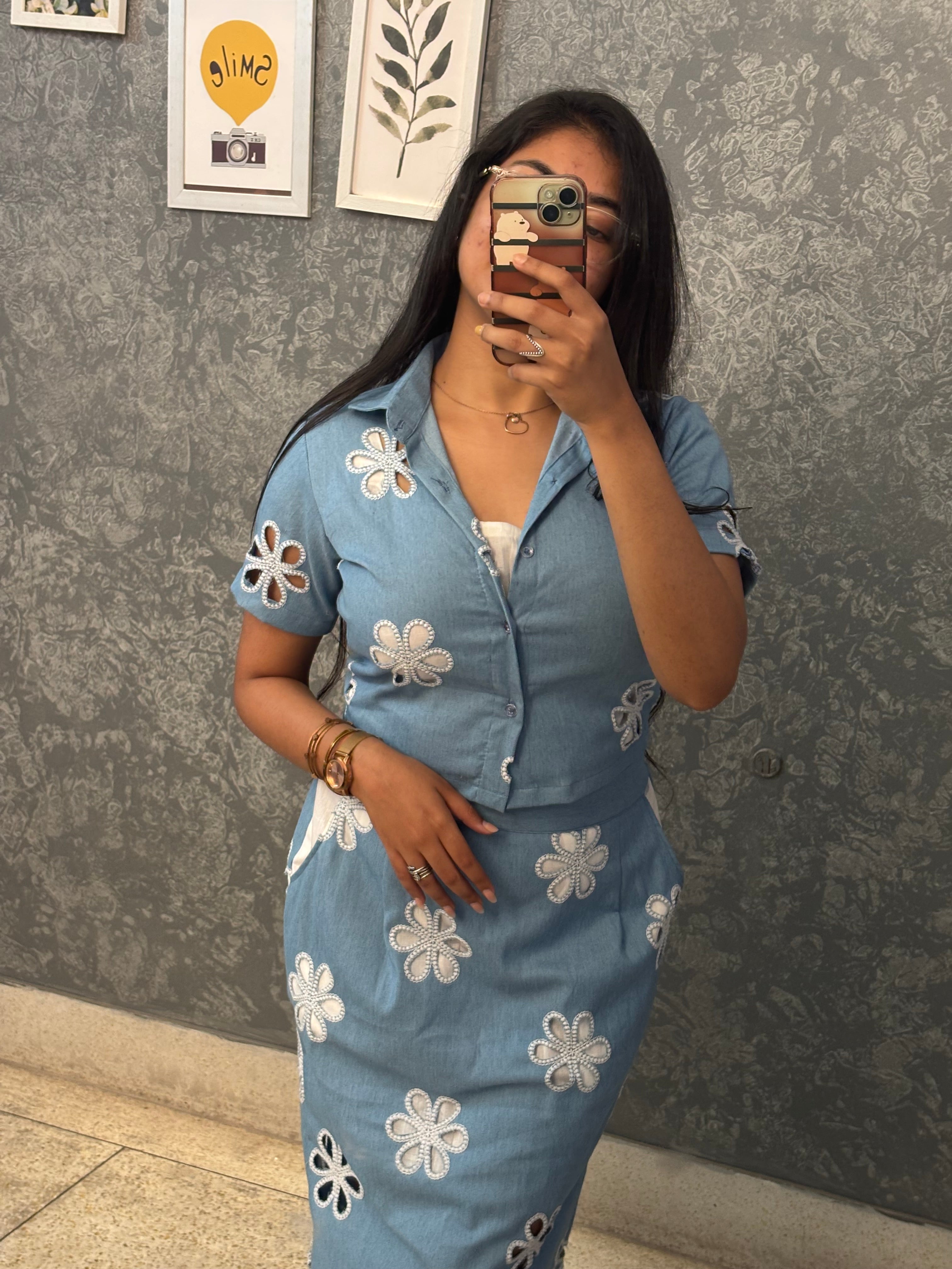 DENIM IN BLOOM ( Skirt Co-ord Set)