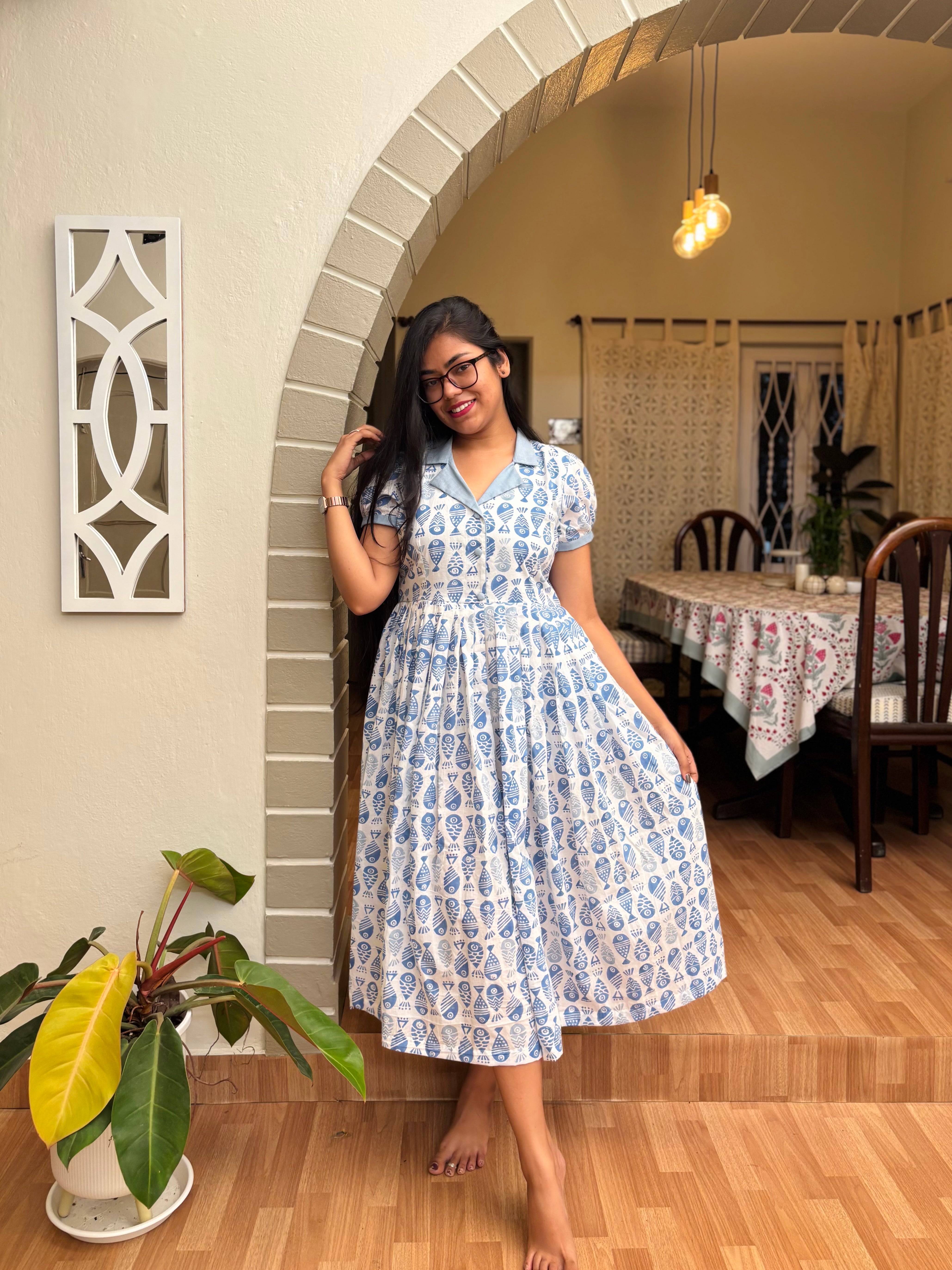 Handblock mul cotton summer dress