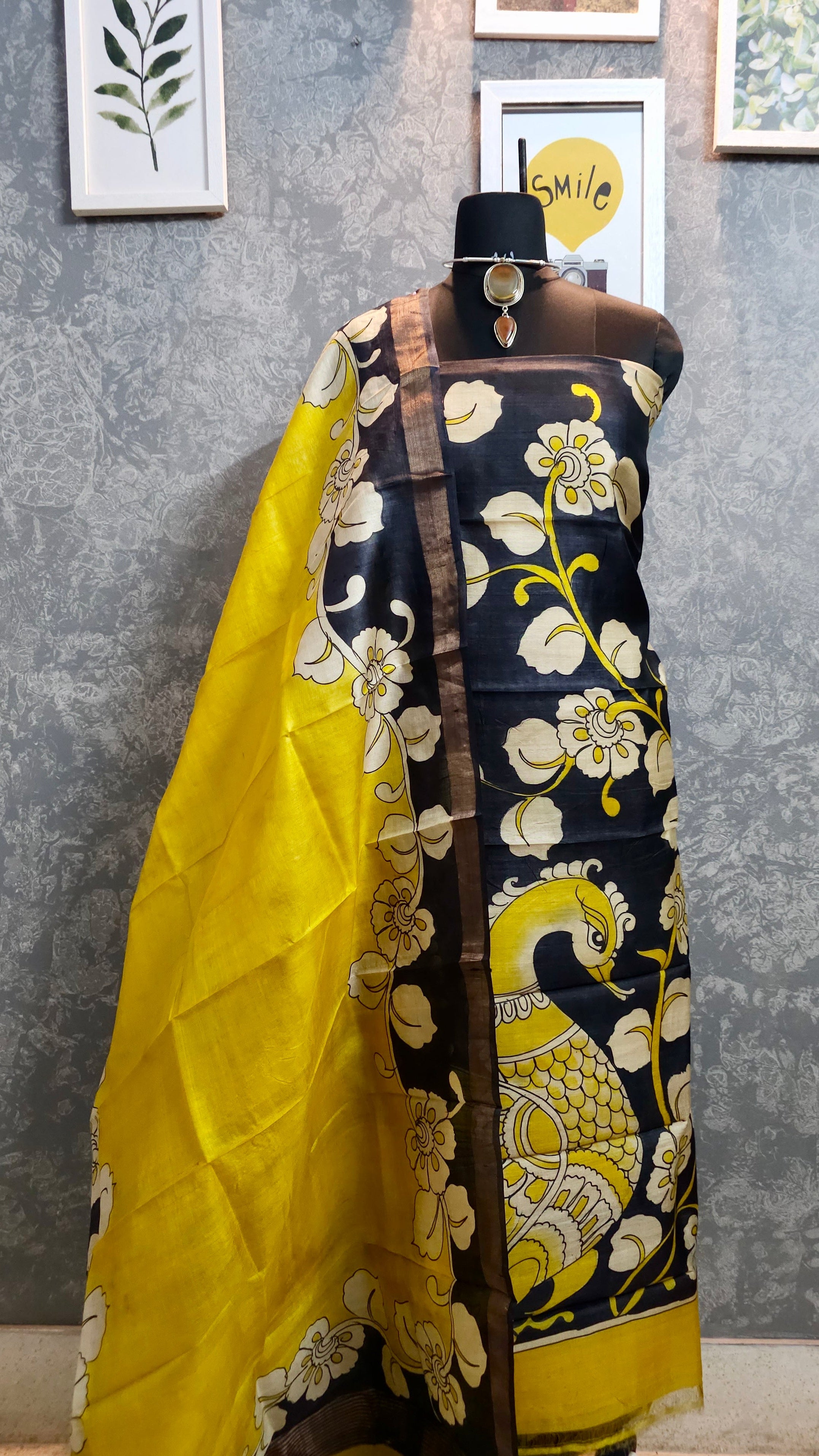 Kalamrita - Mustard Yellow & Black Gachhi Tussar Kalamkari with Peacock Detailing