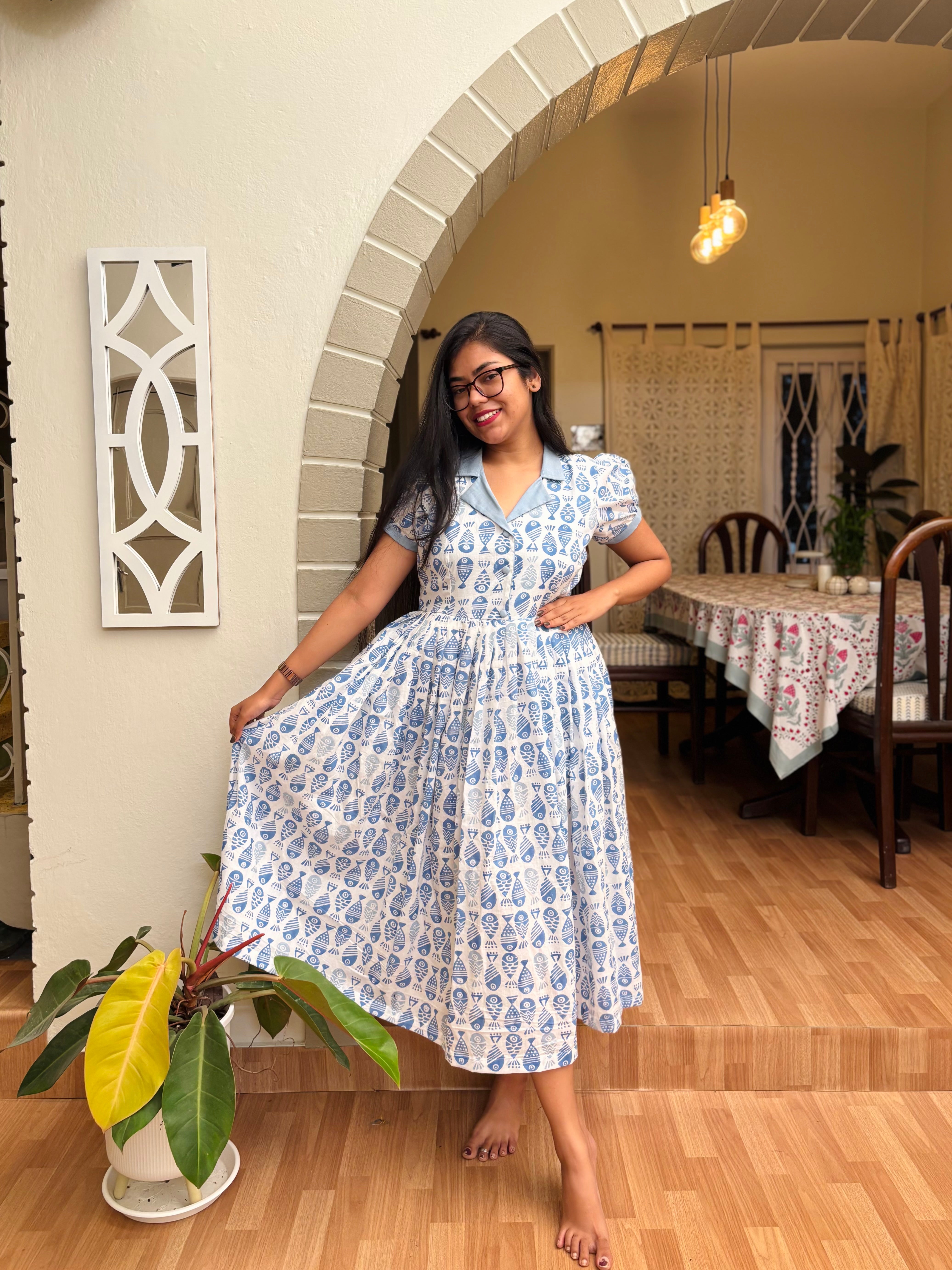 Handblock mul cotton summer dress
