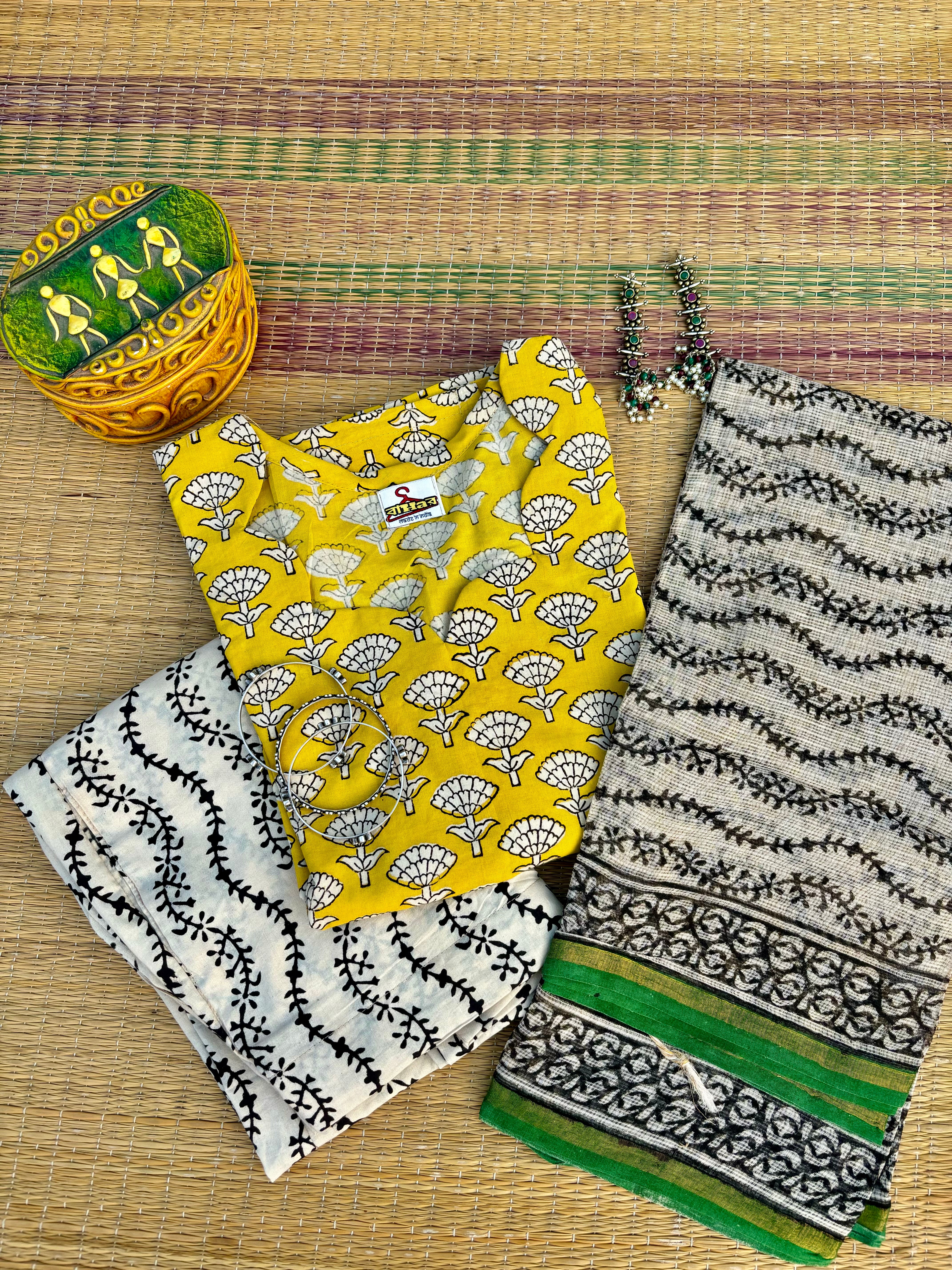 YELLOW HANDBLOCK SUIT SET WITH KOTA DORIYA DUPATTA