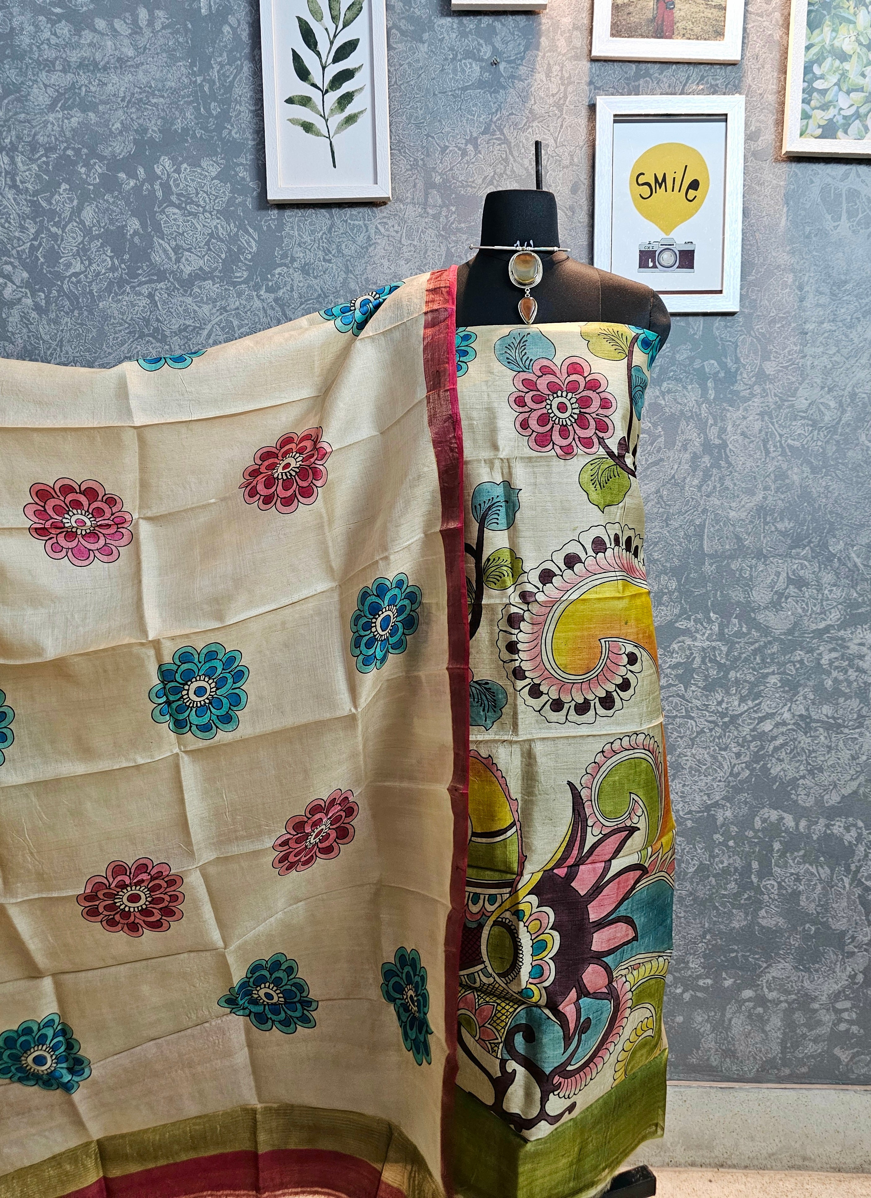 Kalamrita- Ivory & Red Gachhi Tussar Kalamkari with Vibrant Florals and Peacock