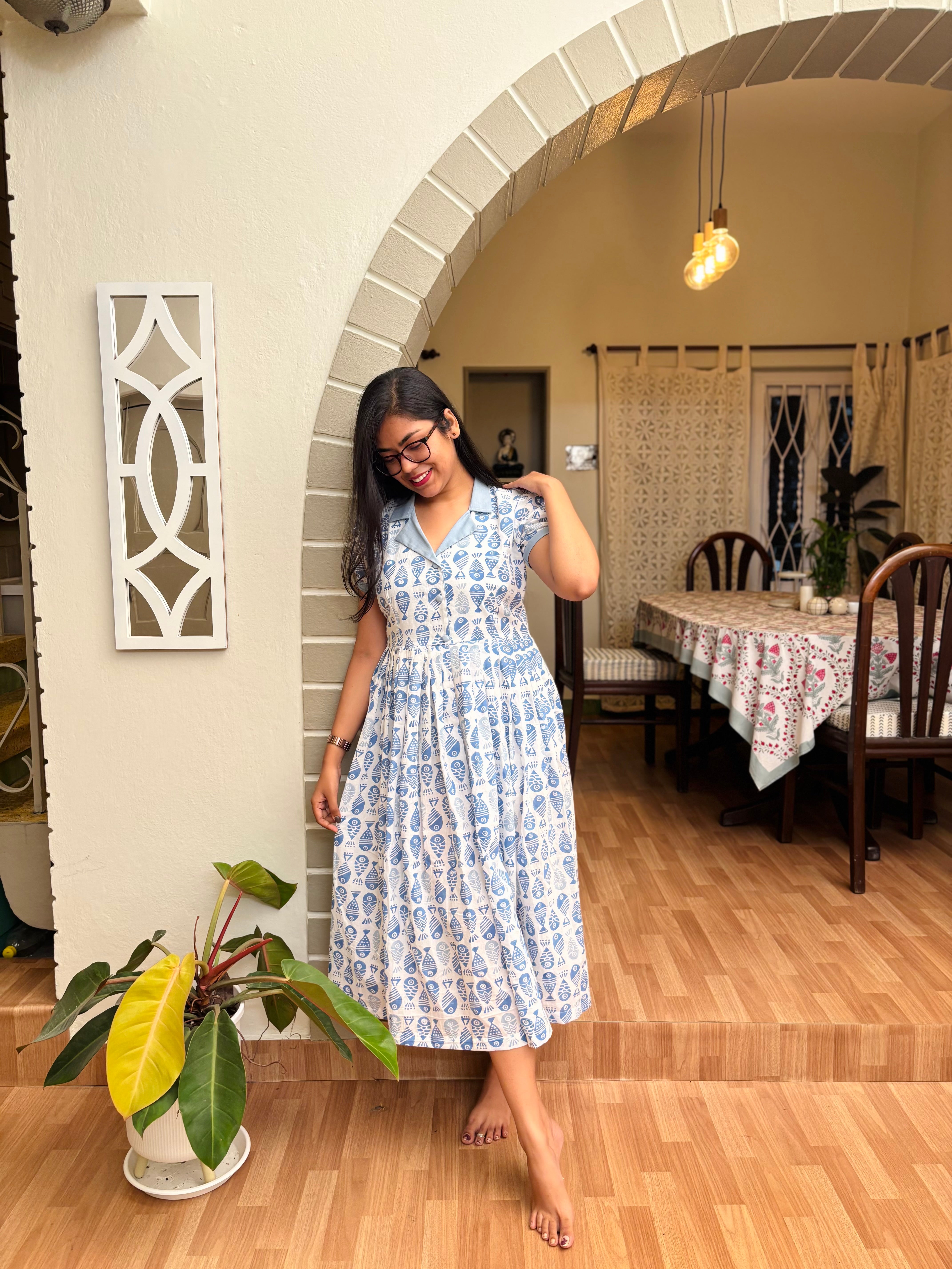 Handblock mul cotton summer dress