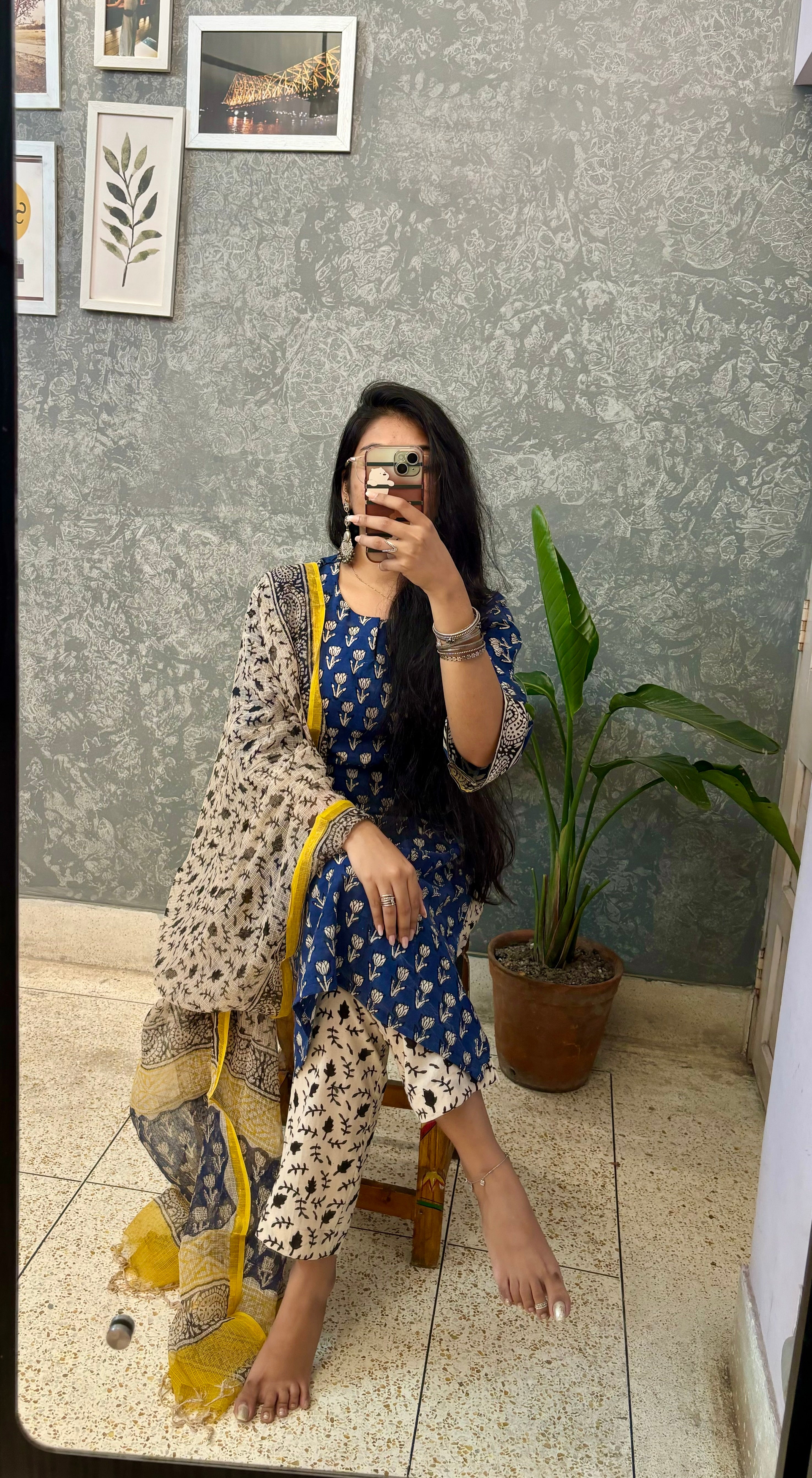 BLUE HANDBLOCK SUIT SET WITH KOTA DORIYA DUPATTA