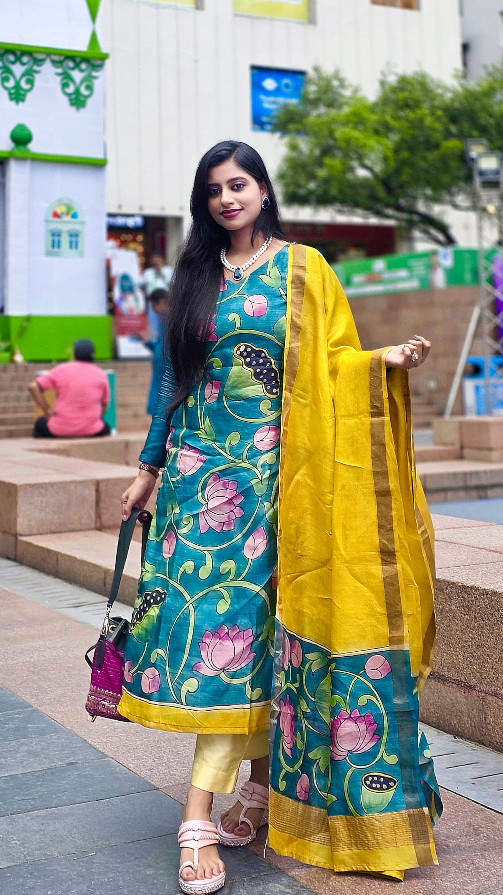 Kalamrita- Sunshine Yellow with Green Lotus Gachhi Tussar Kalamkari