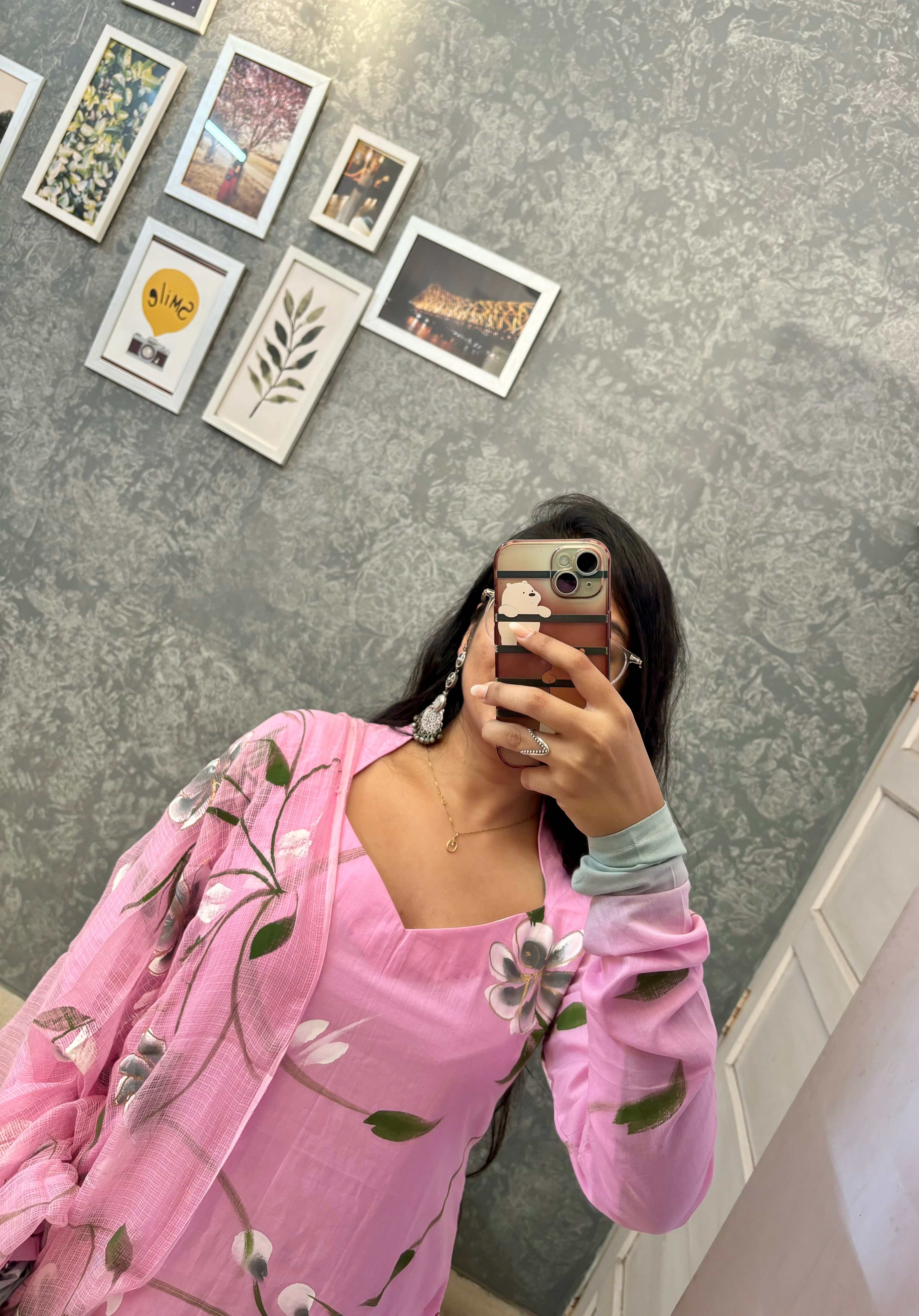 PALLAVI - PINK GREY COTTON OMBRÉ HANDPAINTED SUIT SET WITH KOTA DORIYA DUPATTA