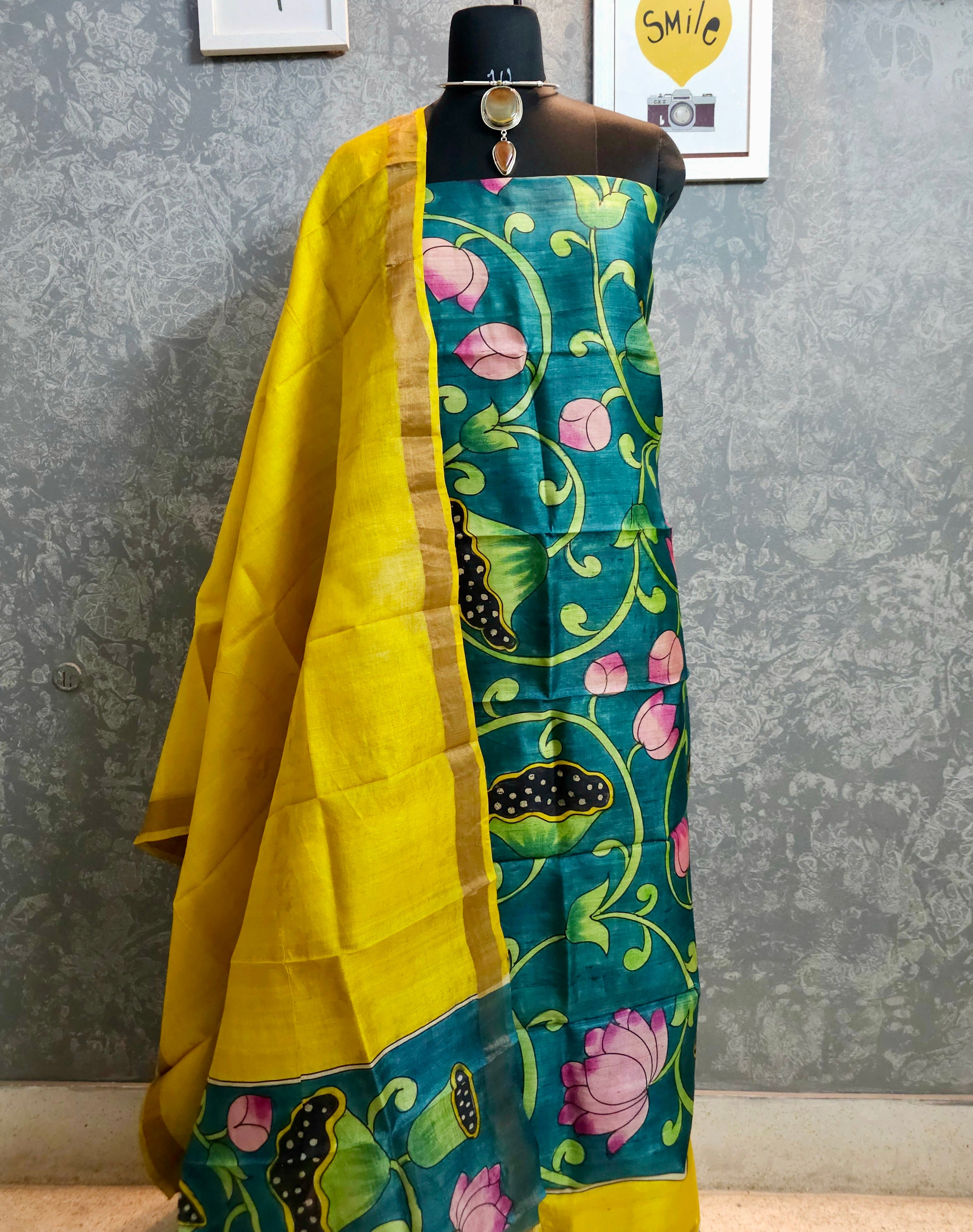 Kalamrita- Sunshine Yellow with Green Lotus Gachhi Tussar Kalamkari