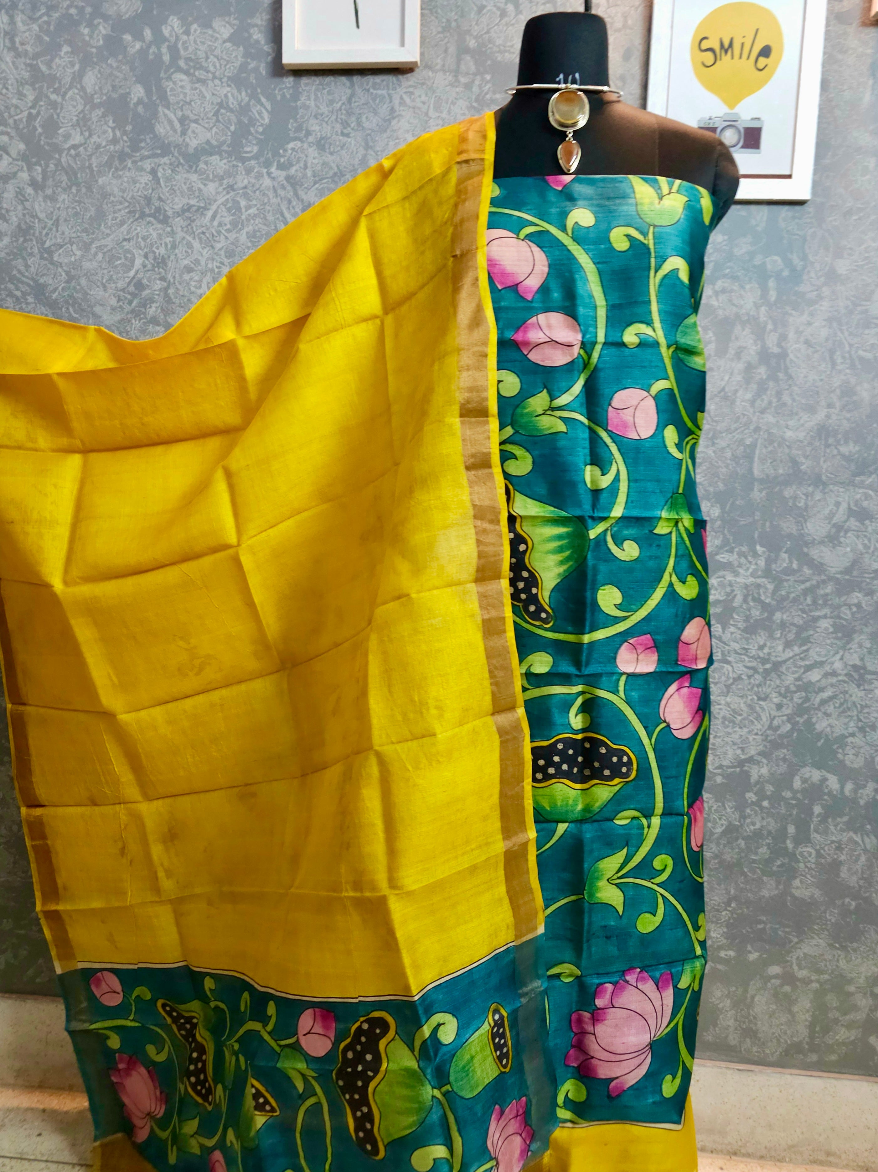 Kalamrita- Sunshine Yellow with Green Lotus Gachhi Tussar Kalamkari