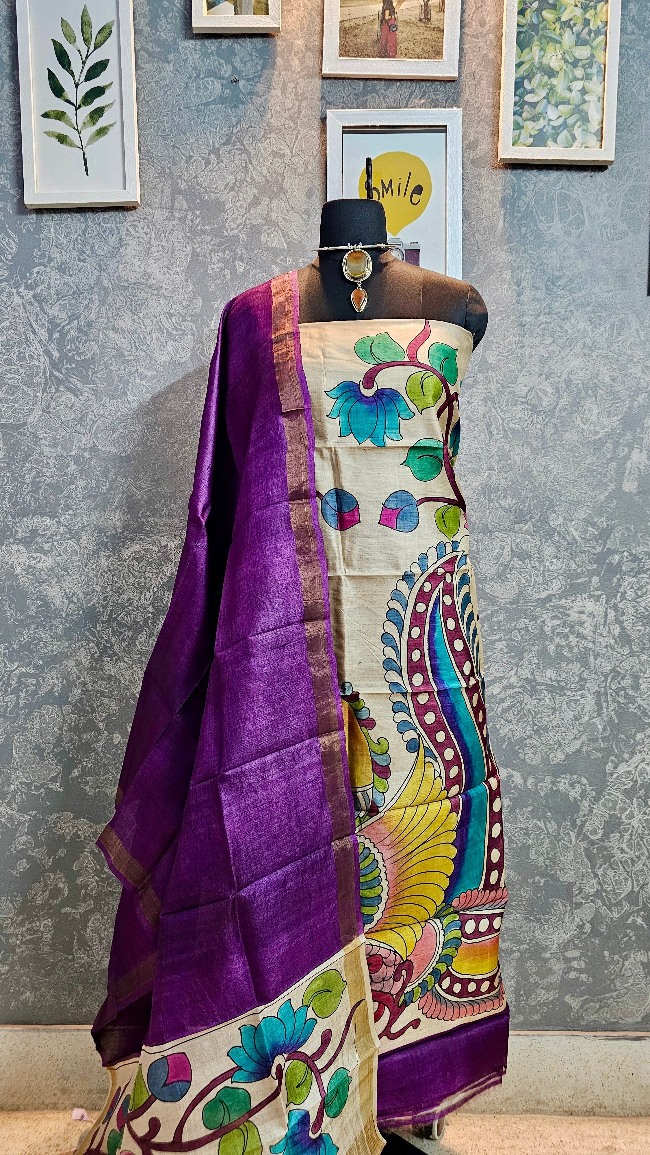 Kalamrita - Cream & Purple Gachhi Tussar Kalamkari with Majestic Motifs