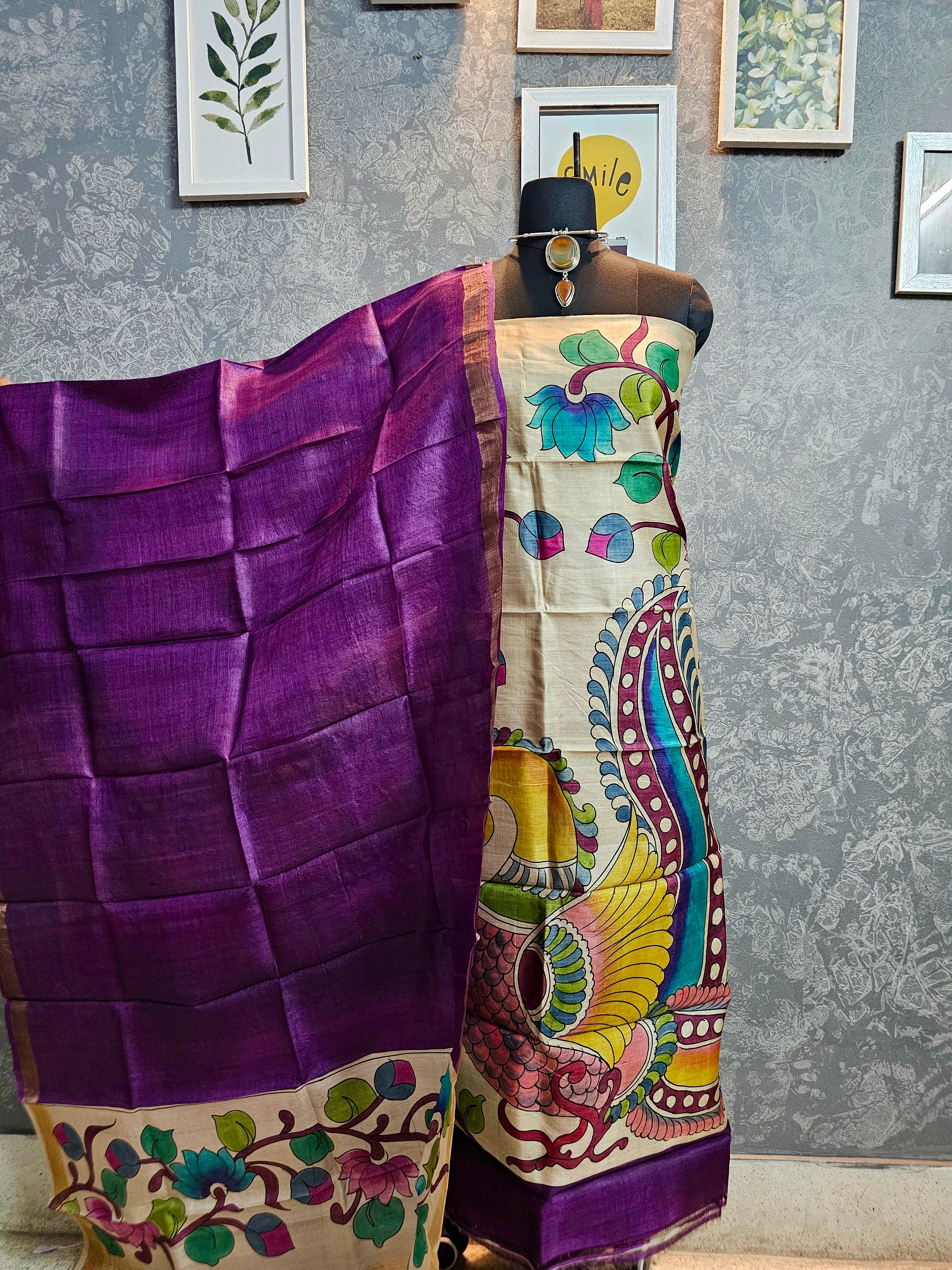 Kalamrita - Cream & Purple Gachhi Tussar Kalamkari with Majestic Motifs