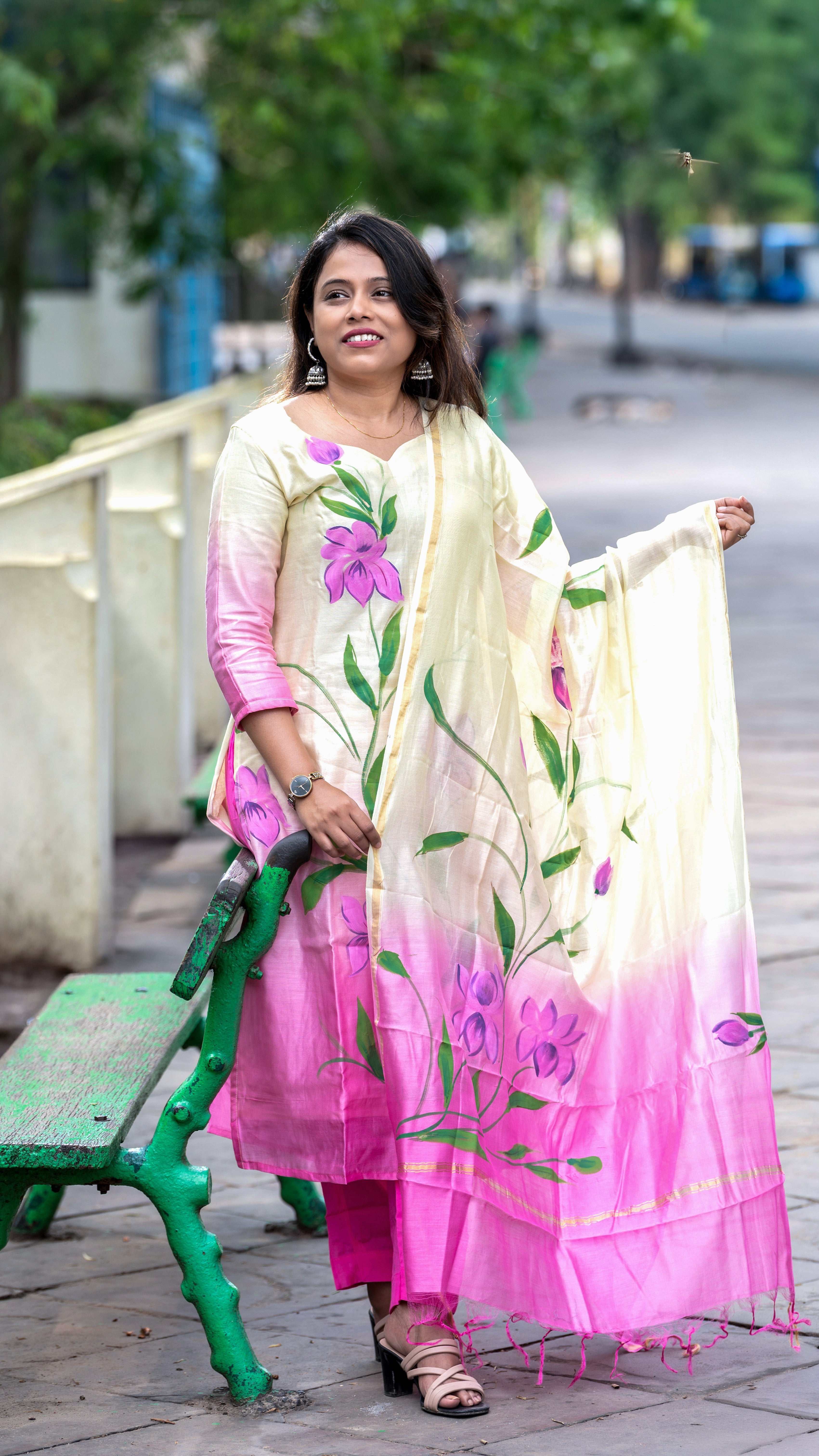 Yellow and Pink Ombré Chanderi Silk Handpainted Suit Set