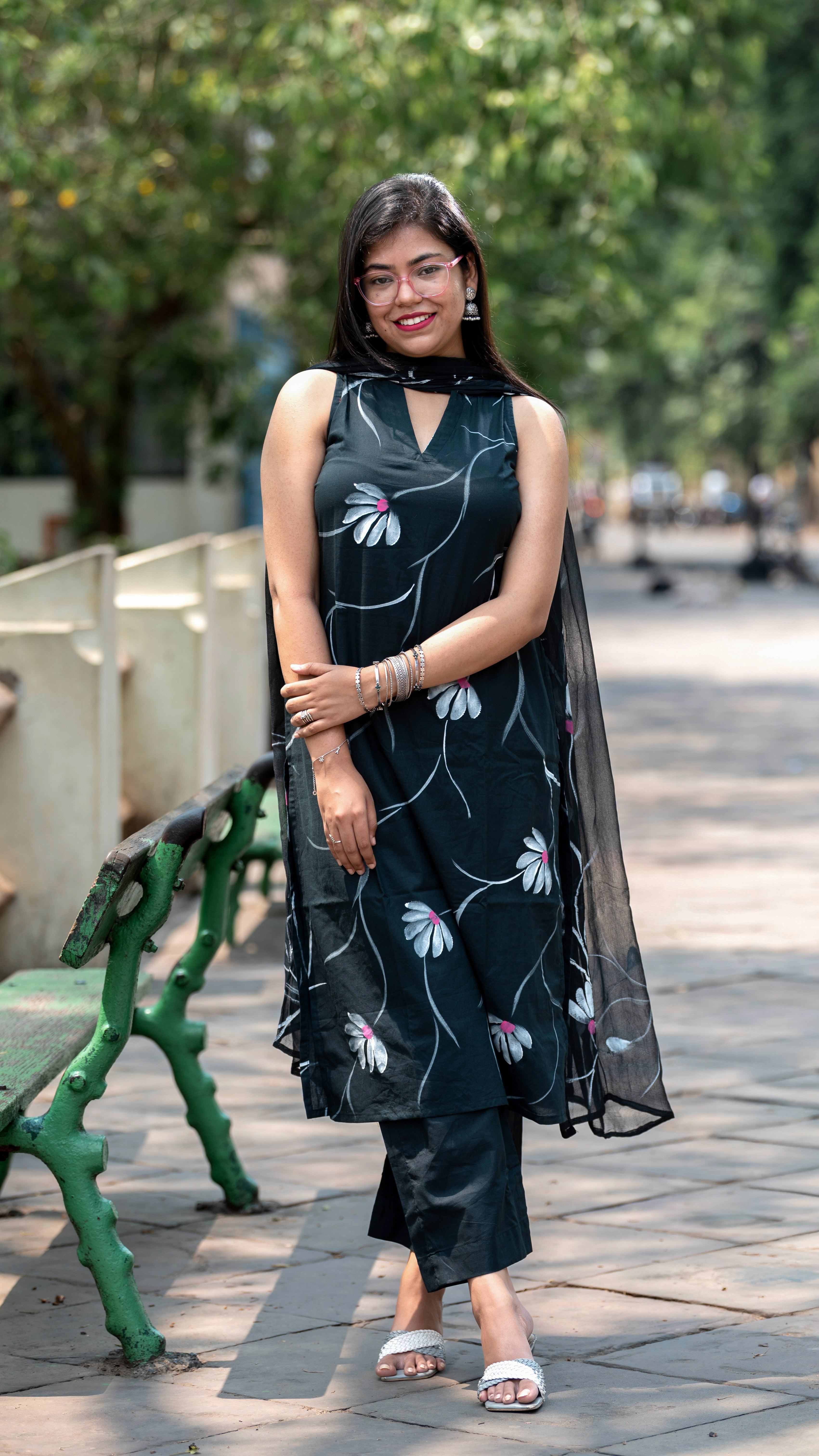 Midnight Green Cotton Handpainted Suit Set with Chiffon Dupatta
