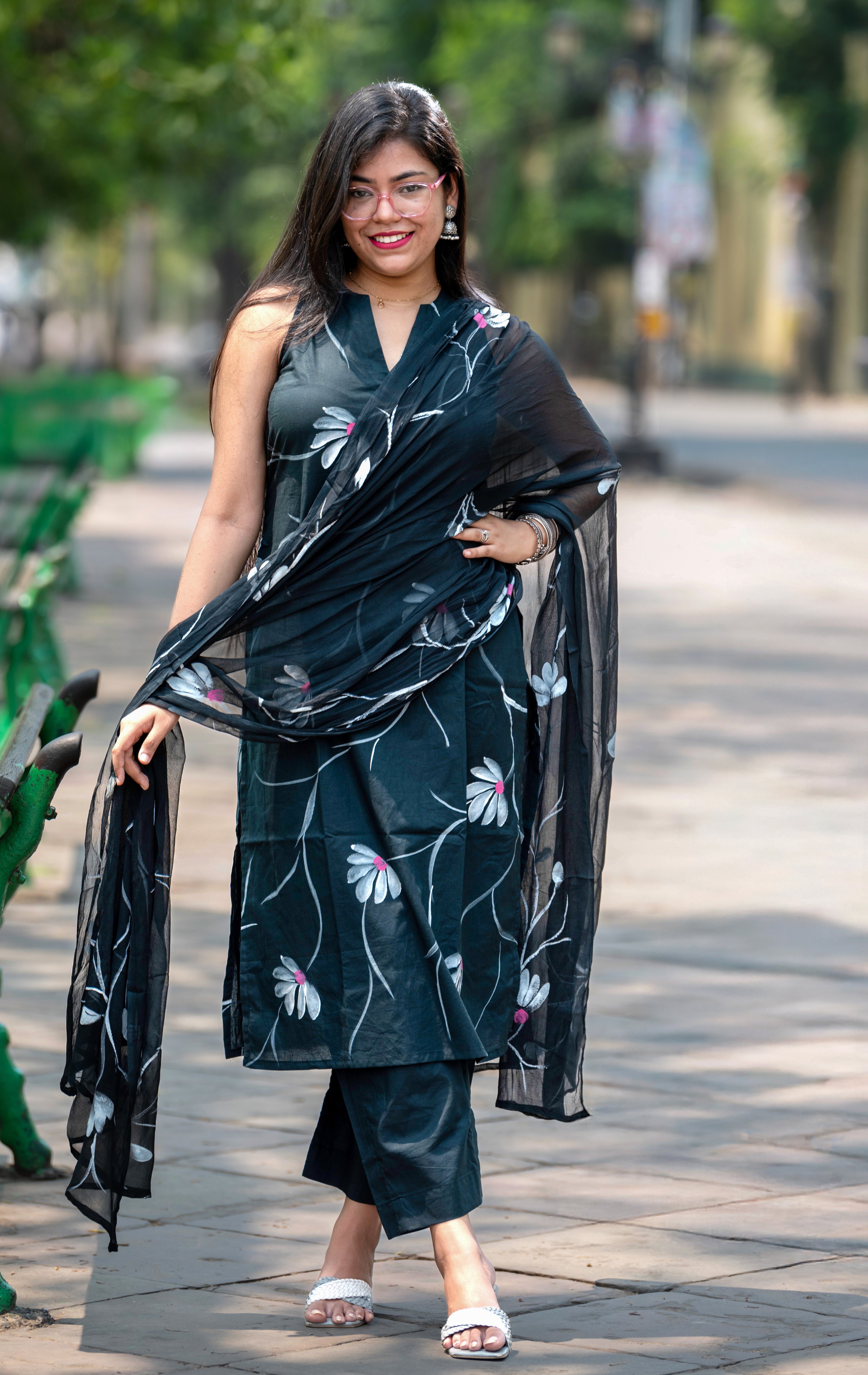 Midnight Green Cotton Handpainted Suit Set with Chiffon Dupatta