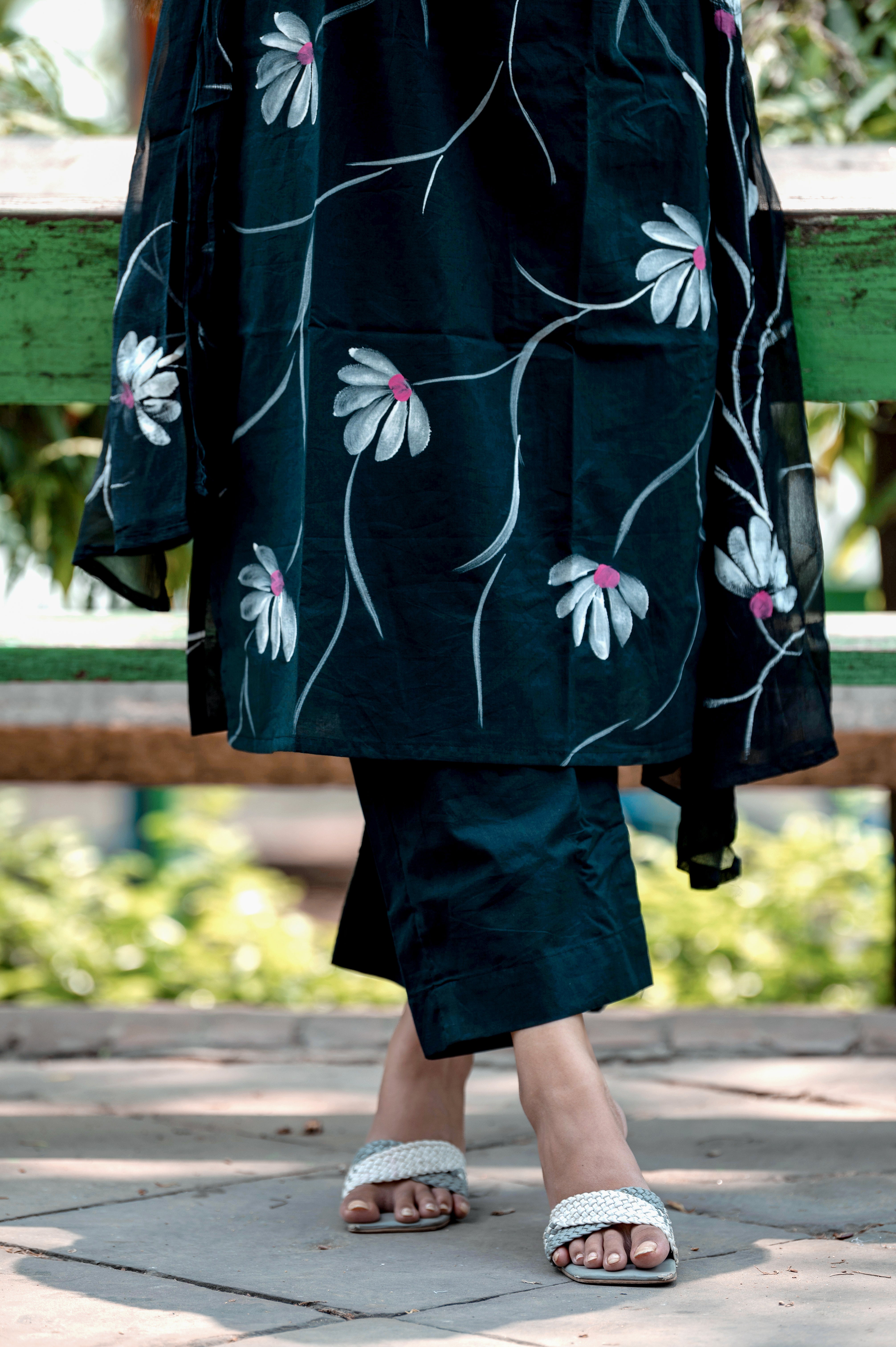 Midnight Green Cotton Handpainted Suit Set with Chiffon Dupatta