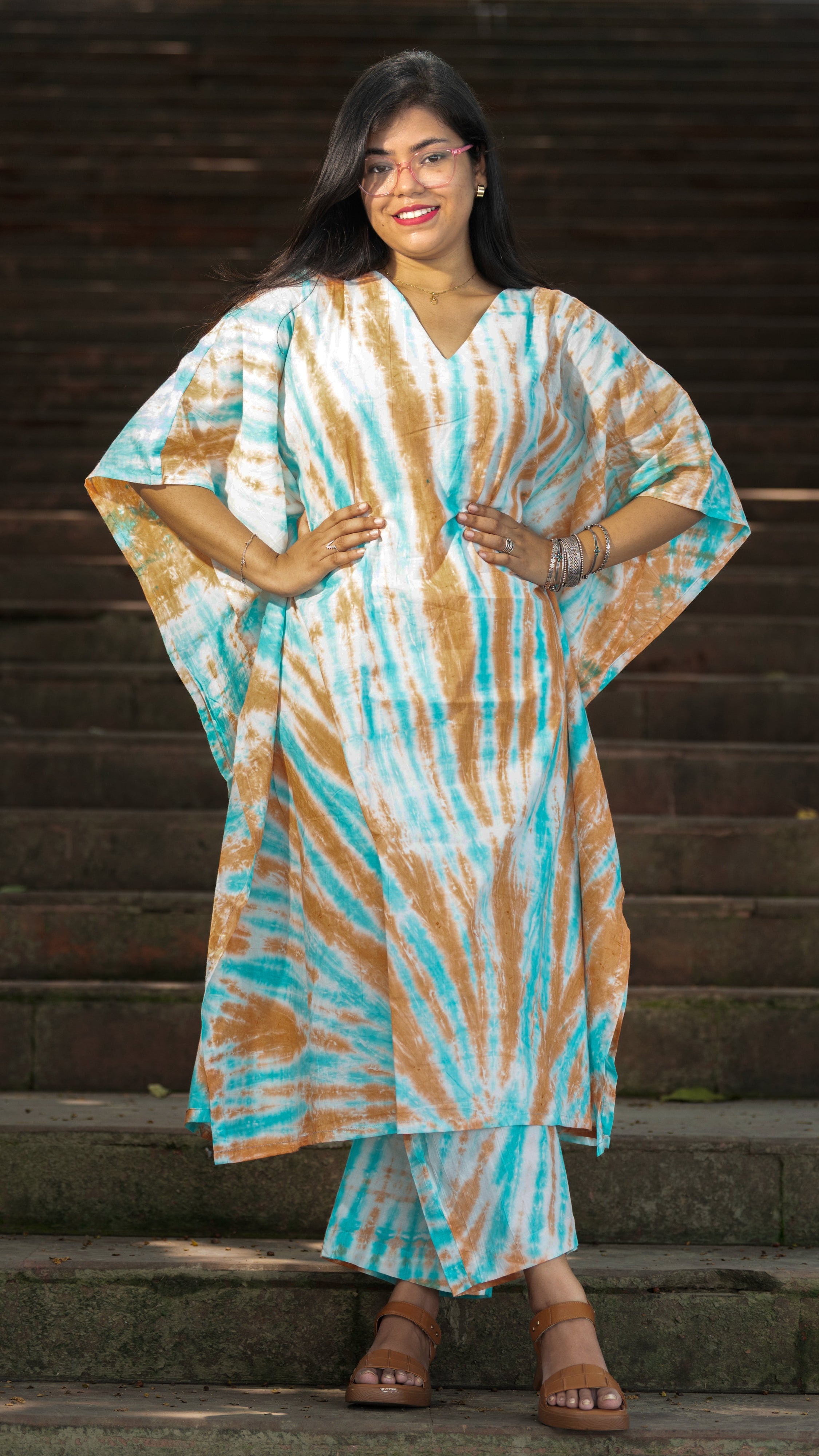 Inara Aqua and Orange Kaftaan Kurta Pant Set
