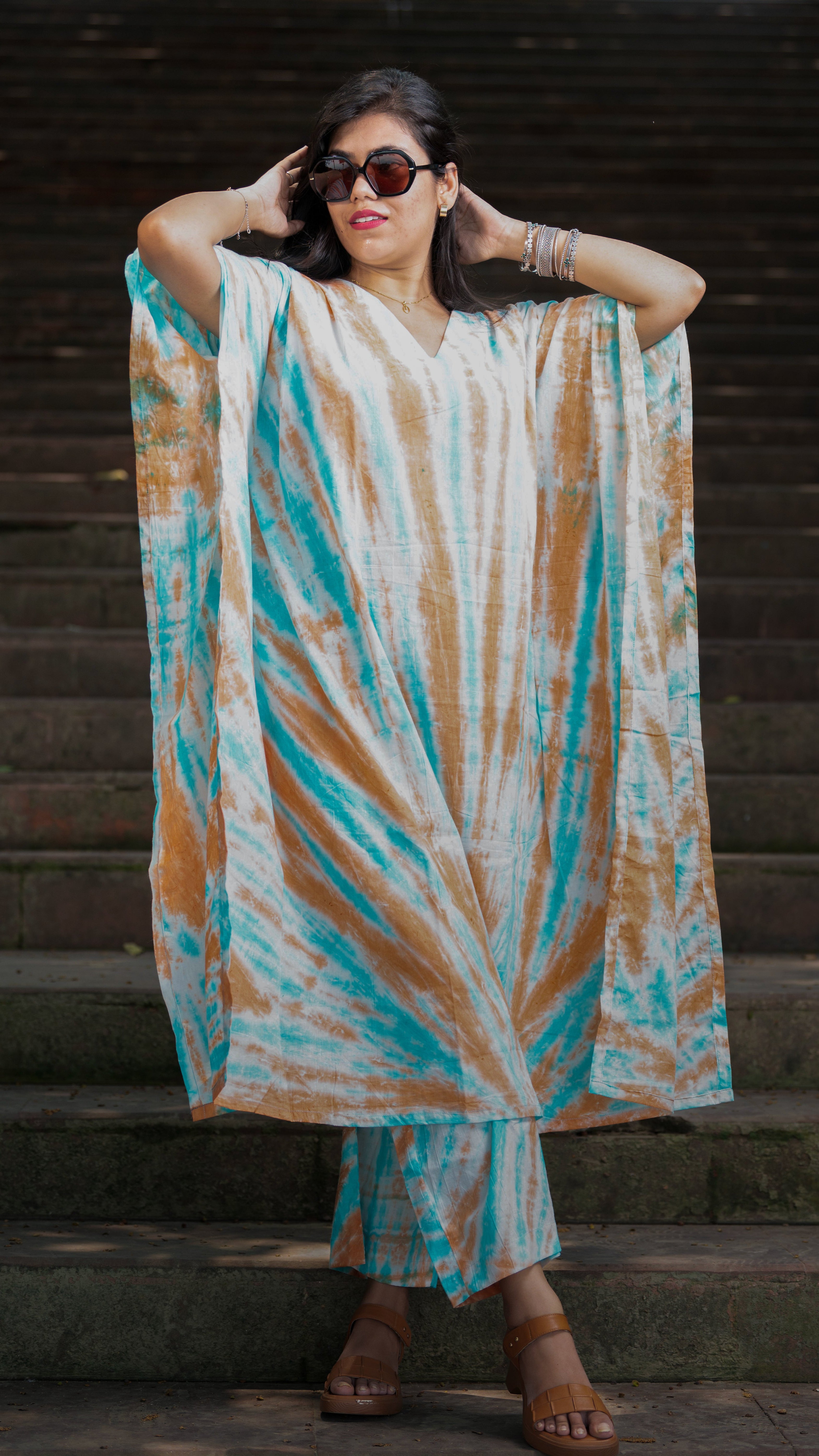 Inara Aqua and Orange Kaftaan Kurta Pant Set