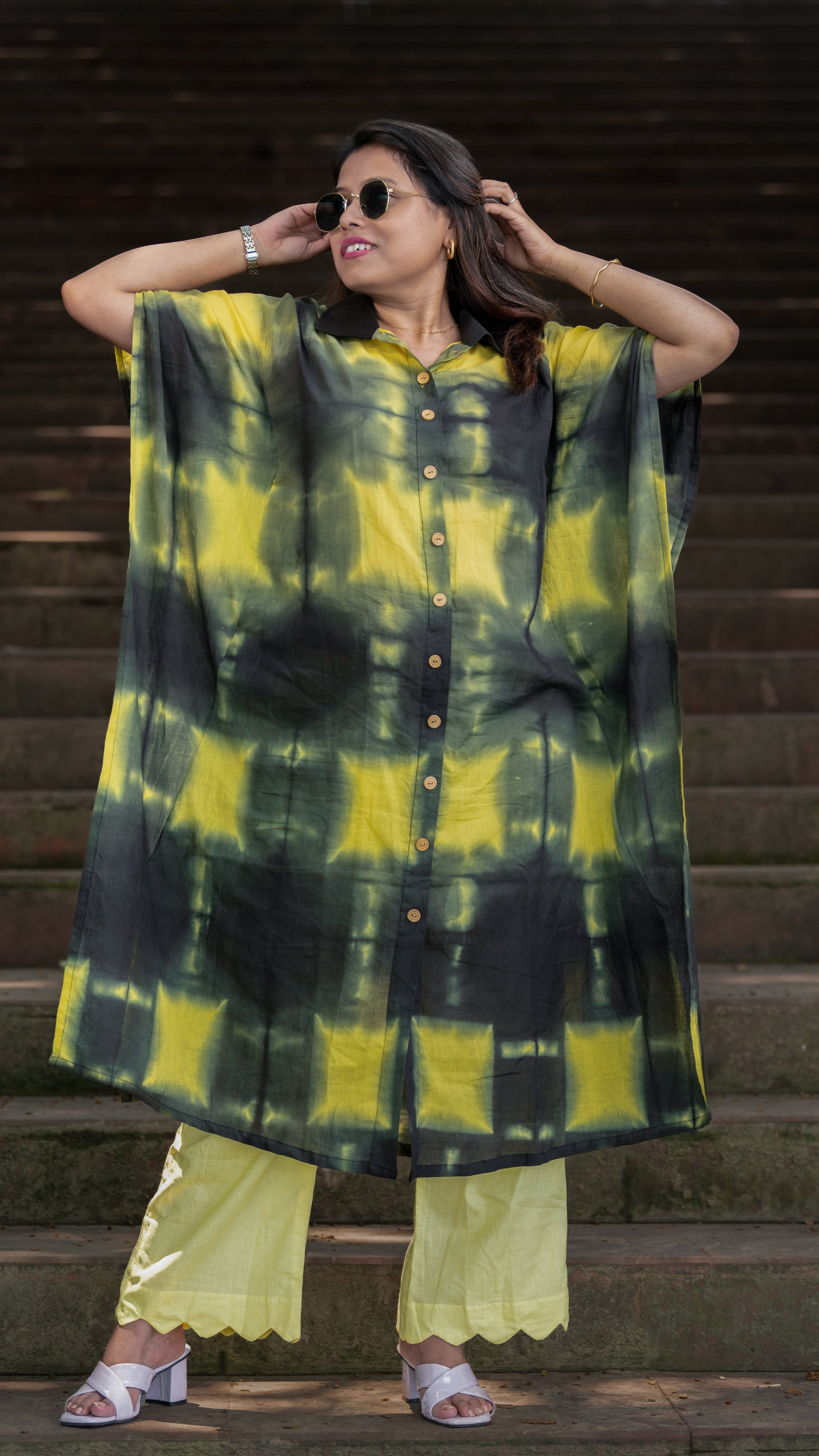 Inara Green Yellow Kaftaan Kurta Pant Set