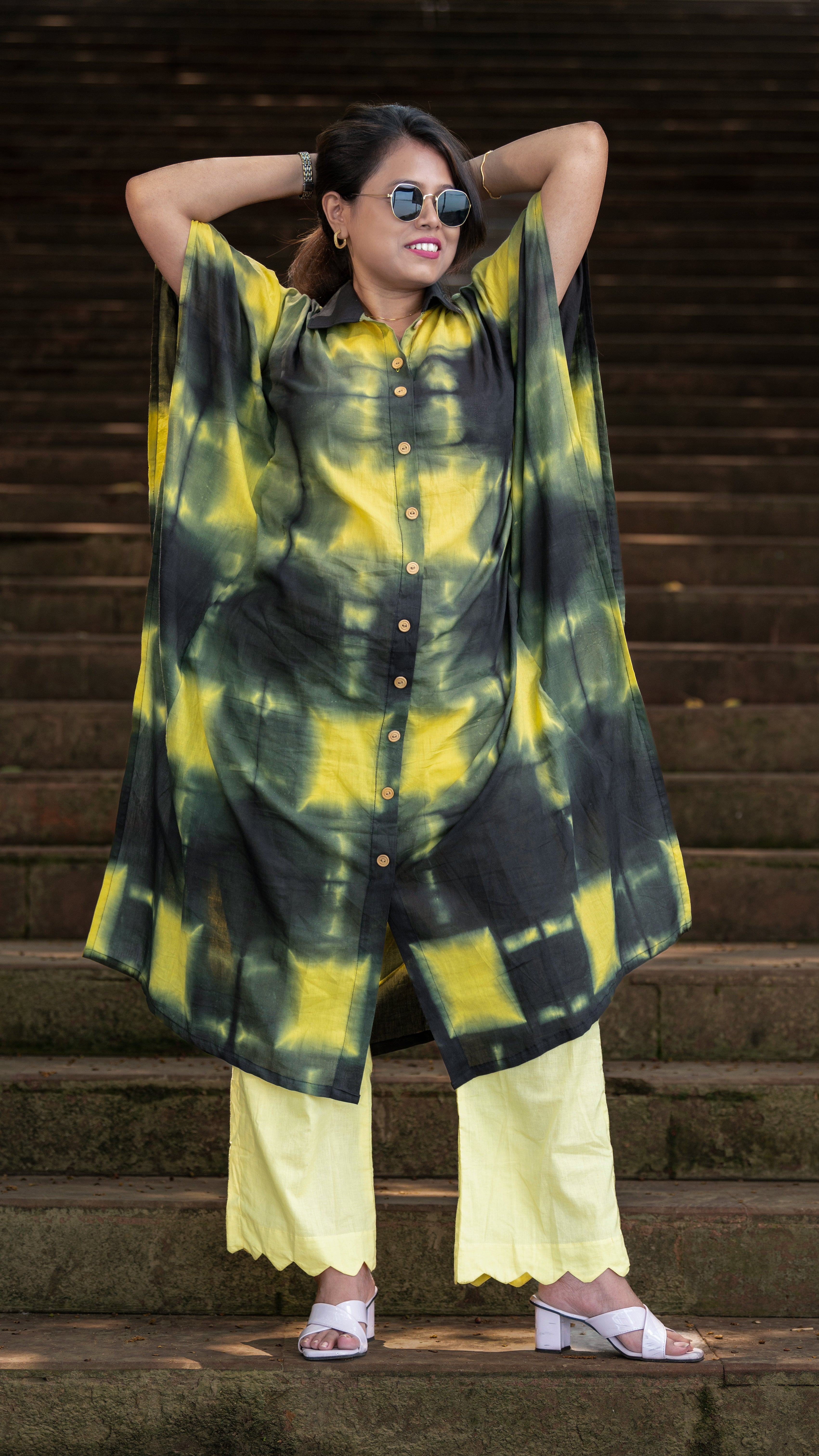Inara Green Yellow Kaftaan Kurta Pant Set