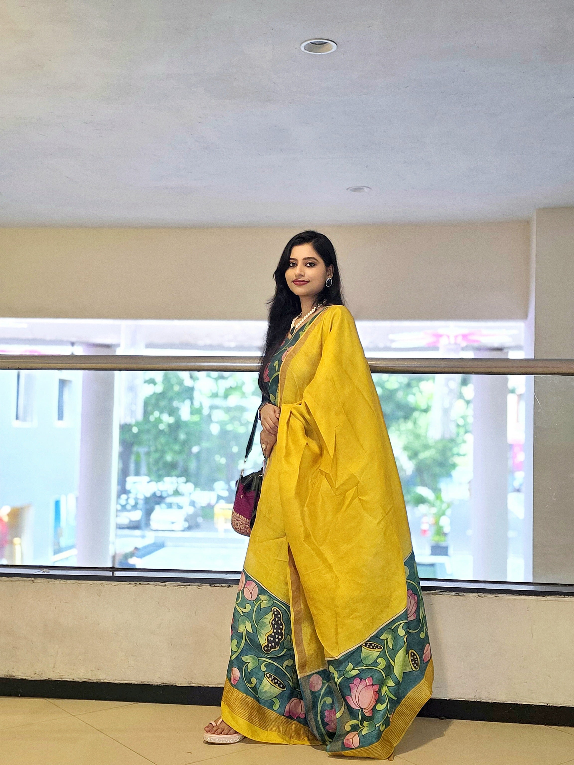 Kalamrita- Sunshine Yellow with Green Lotus Gachhi Tussar Kalamkari