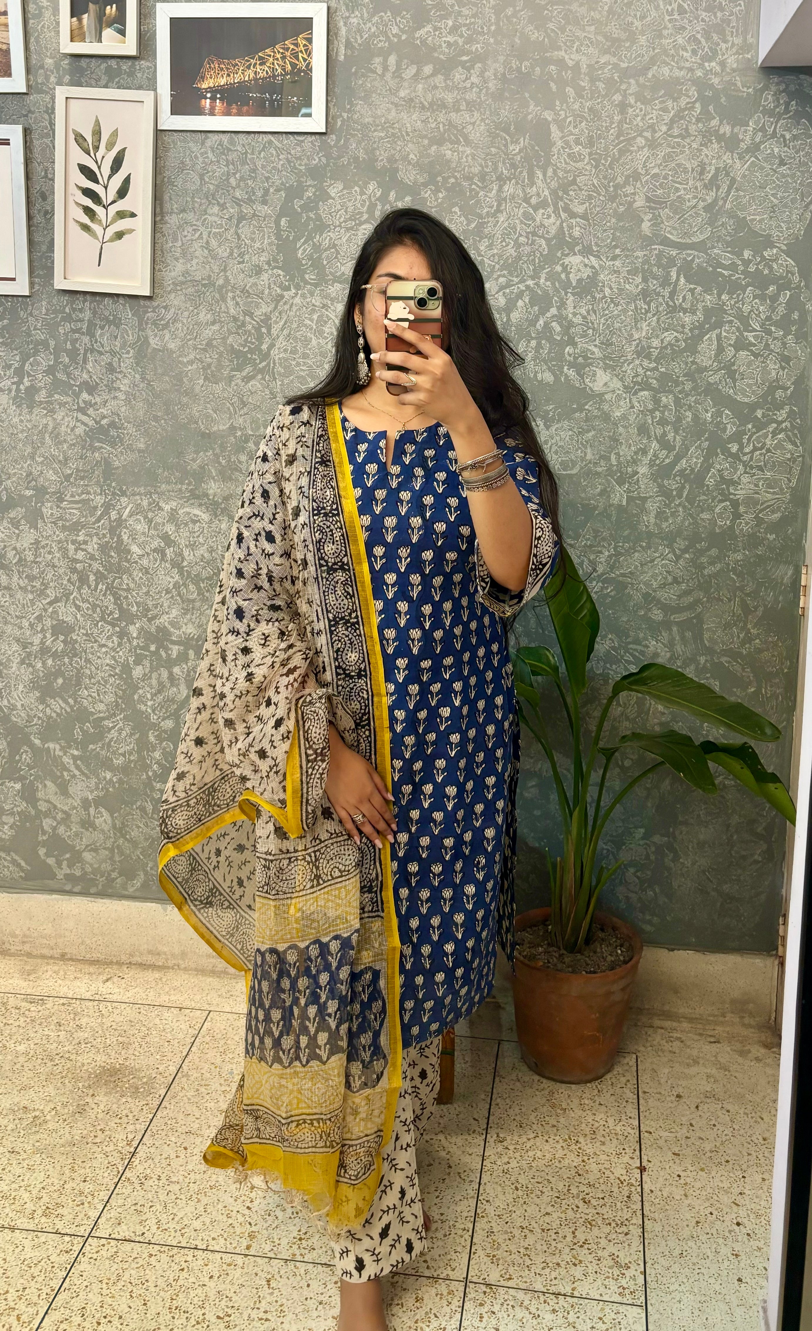 BLUE HANDBLOCK SUIT SET WITH KOTA DORIYA DUPATTA