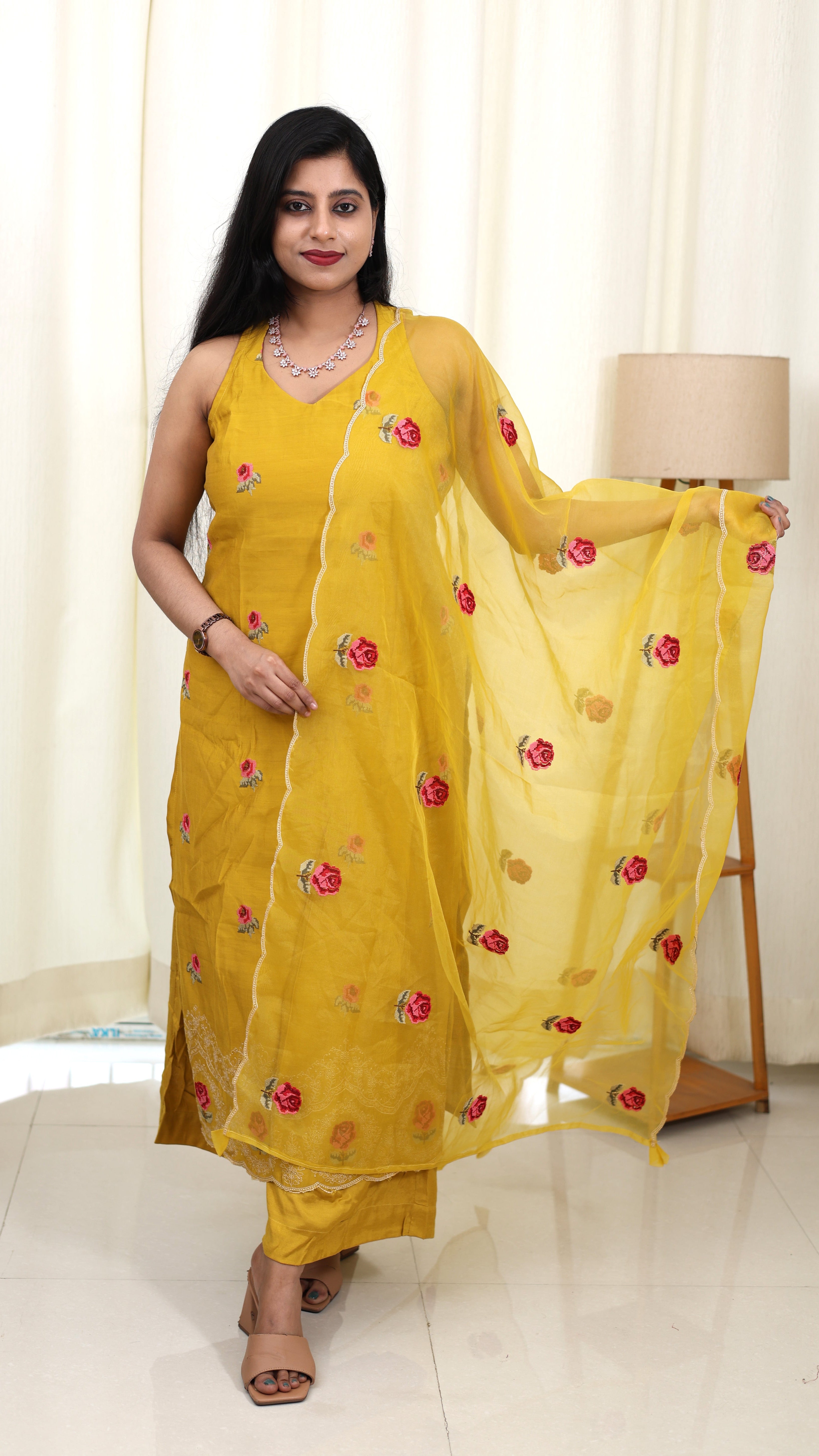 Yellow Rose Muslin Suit Set with Organza Dupatta