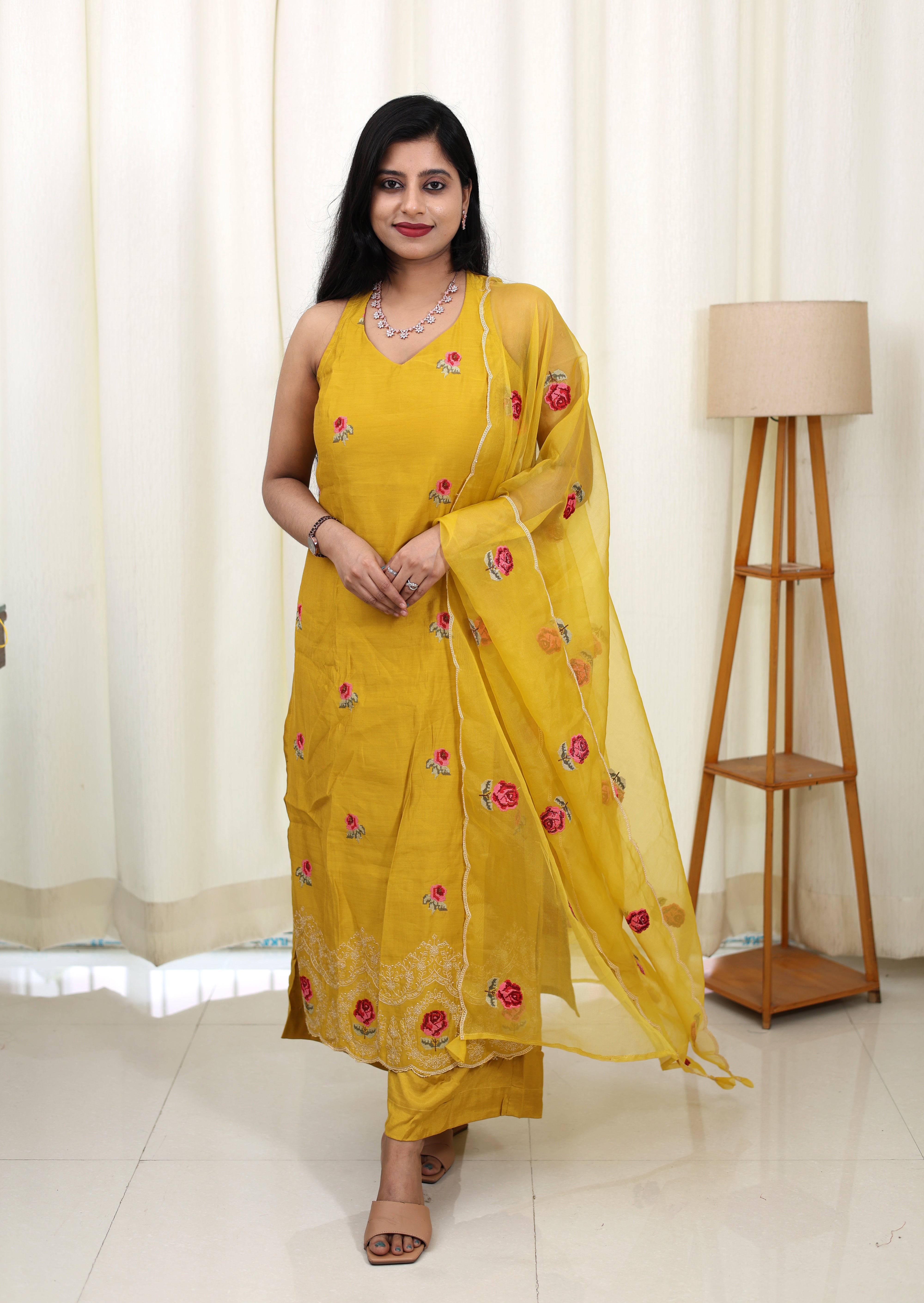 Yellow Rose Muslin Suit Set with Organza Dupatta