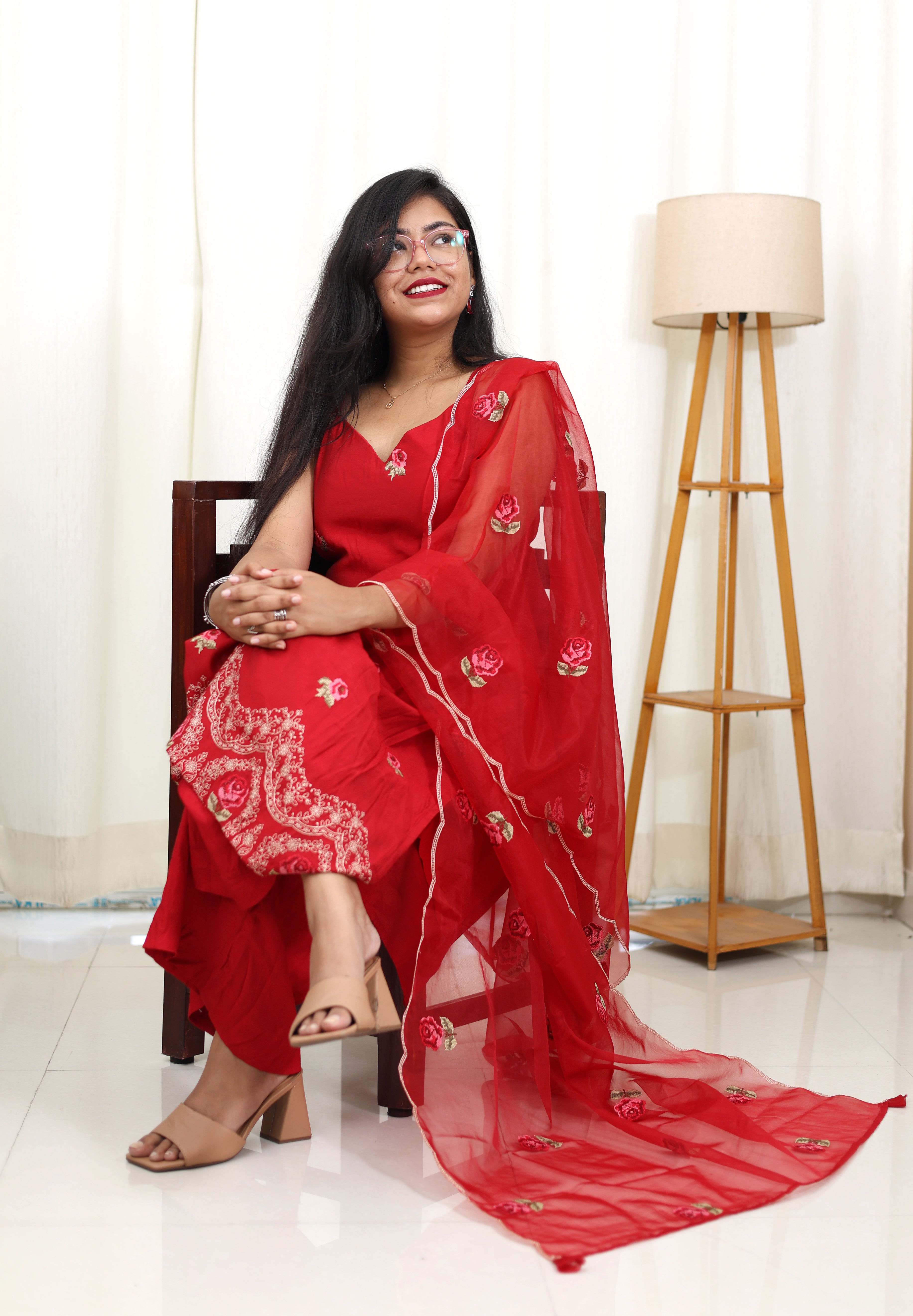 Red Rose Muslin Suit Set with Organza Dupatta