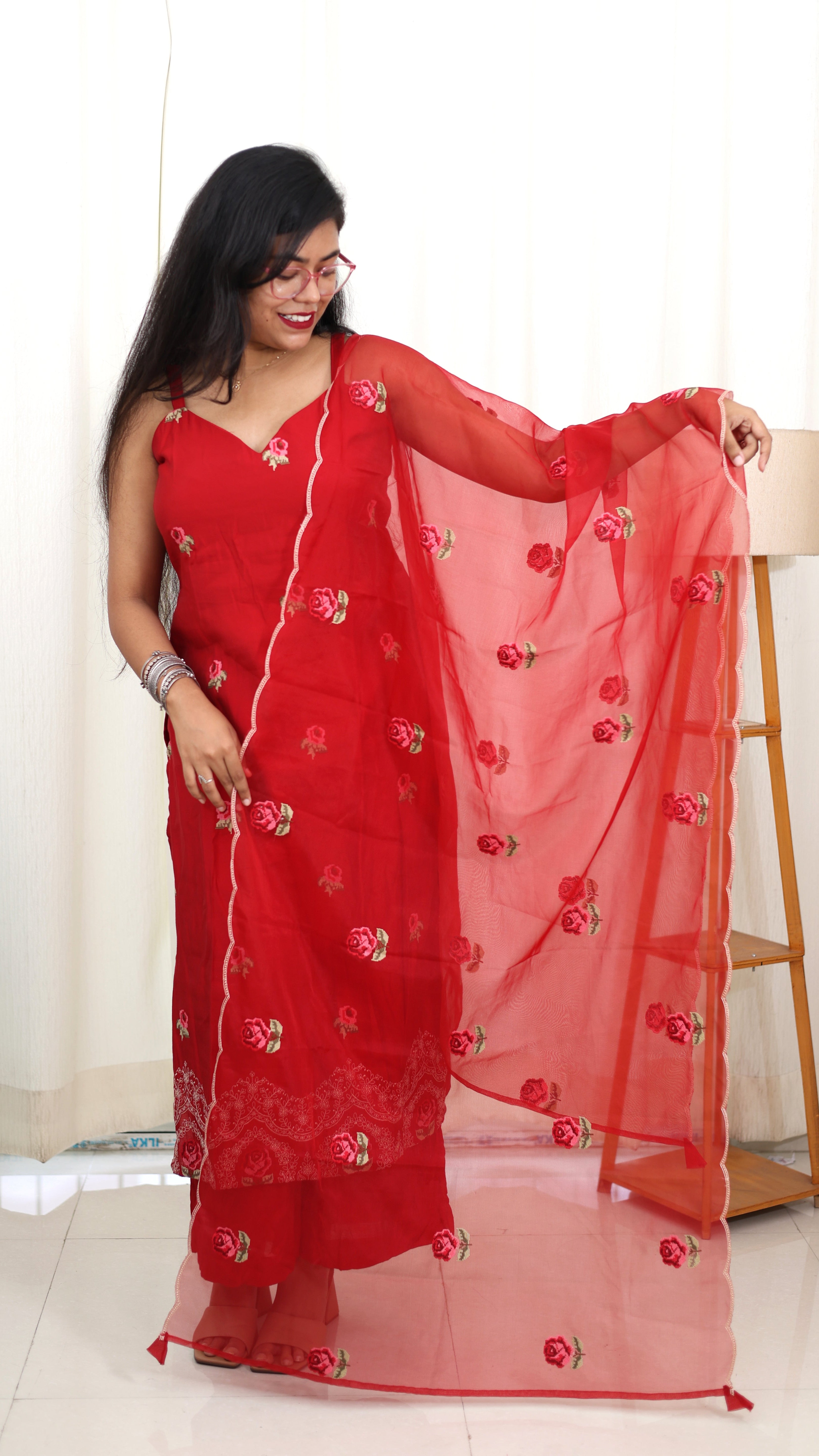 Red Rose Muslin Suit Set with Organza Dupatta