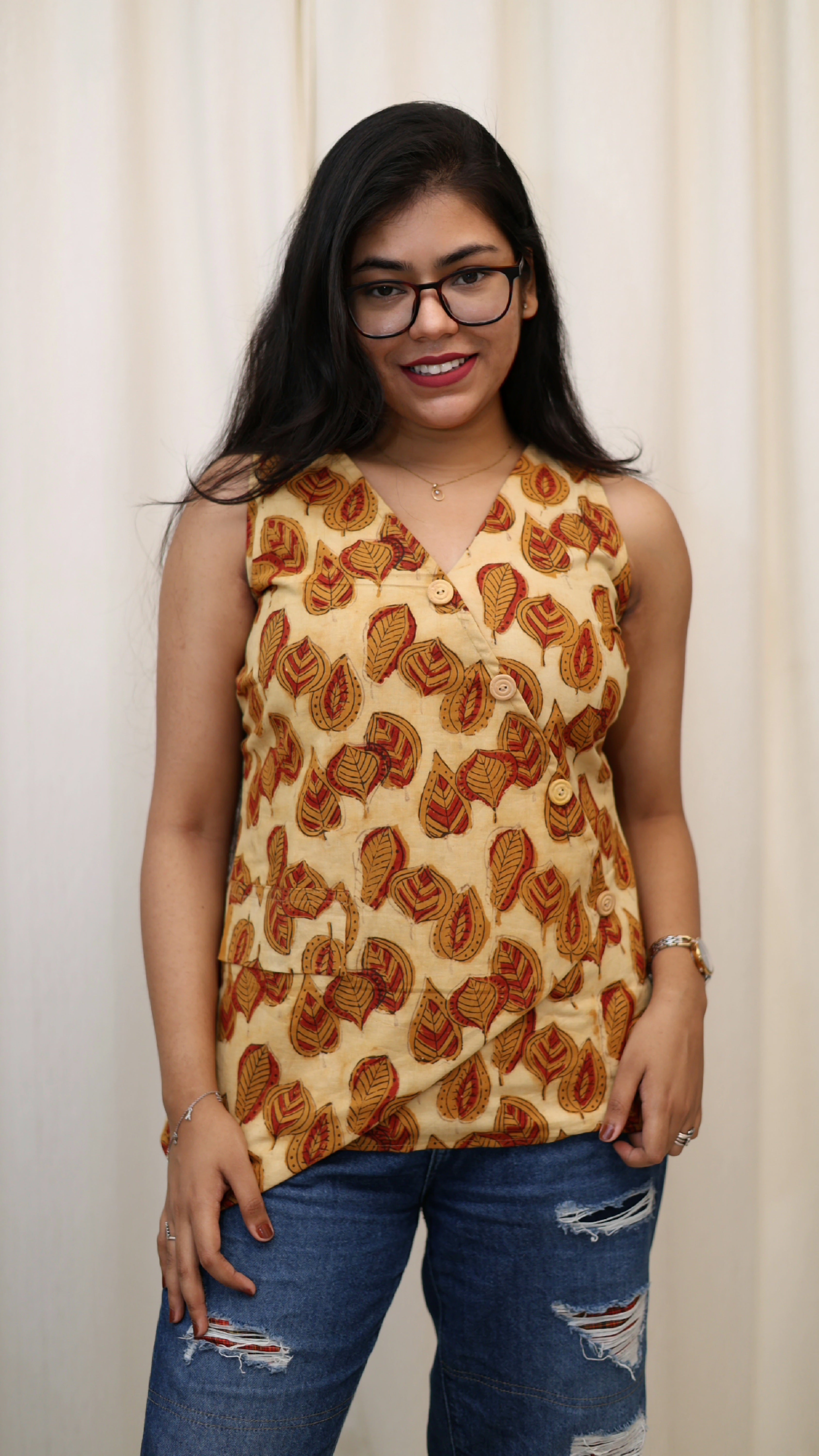VANYA Ajrakh light yellow mulmul cotton top