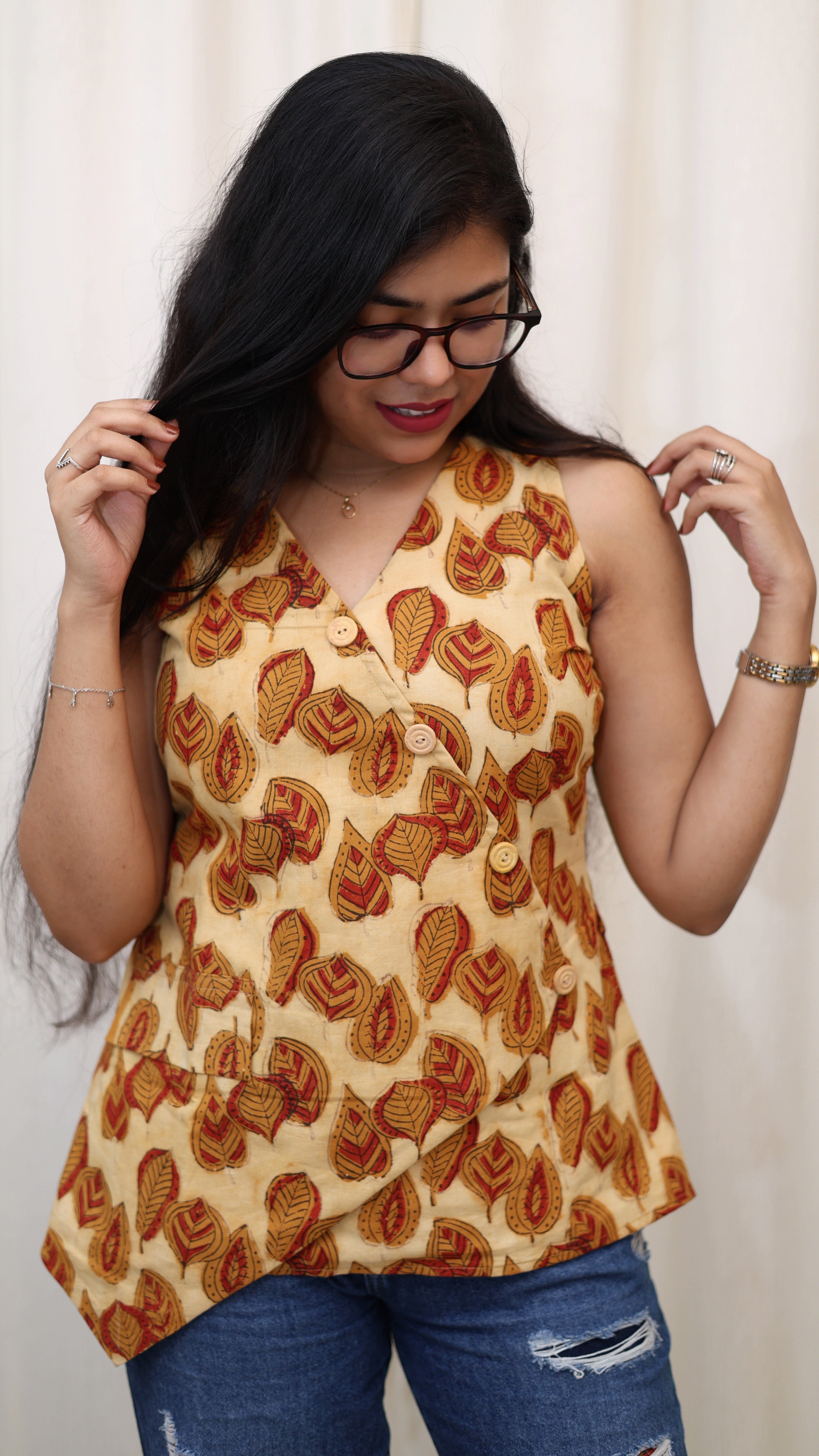 VANYA Ajrakh light yellow mulmul cotton top