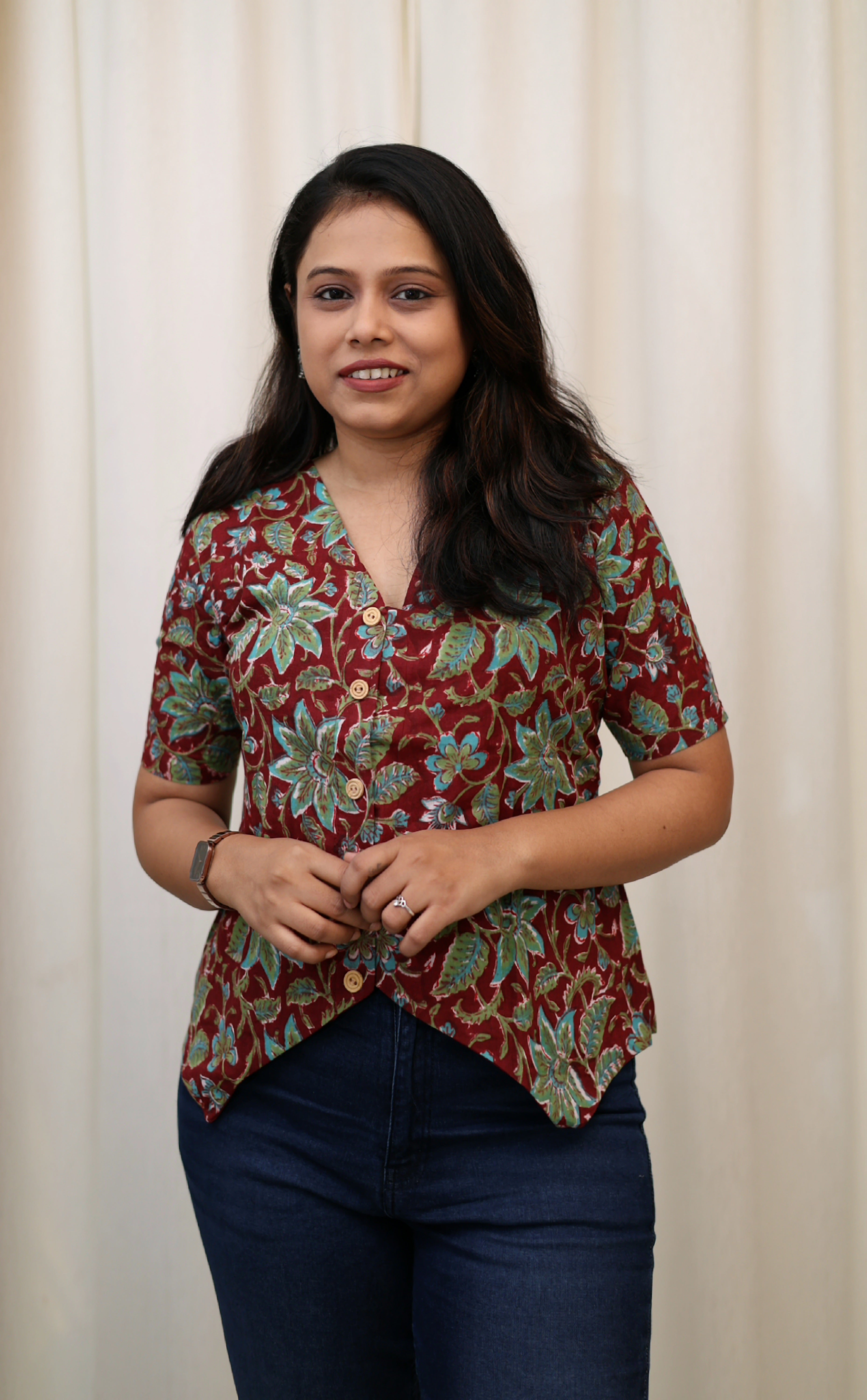 MAHIRA Sanganeri Maroon Cotton Vest Top