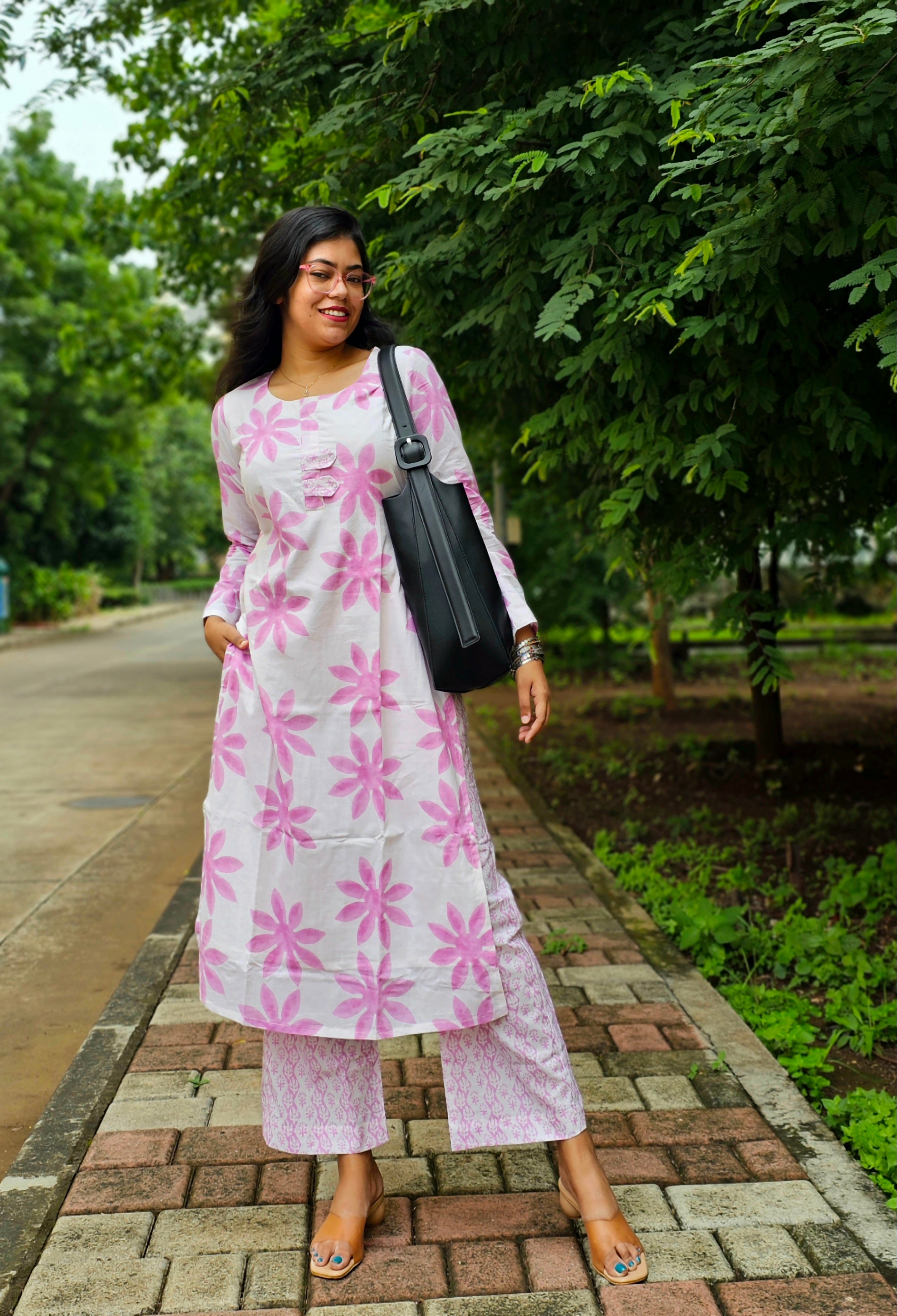 Wild Bloom White and Pink Kurta Pant Set