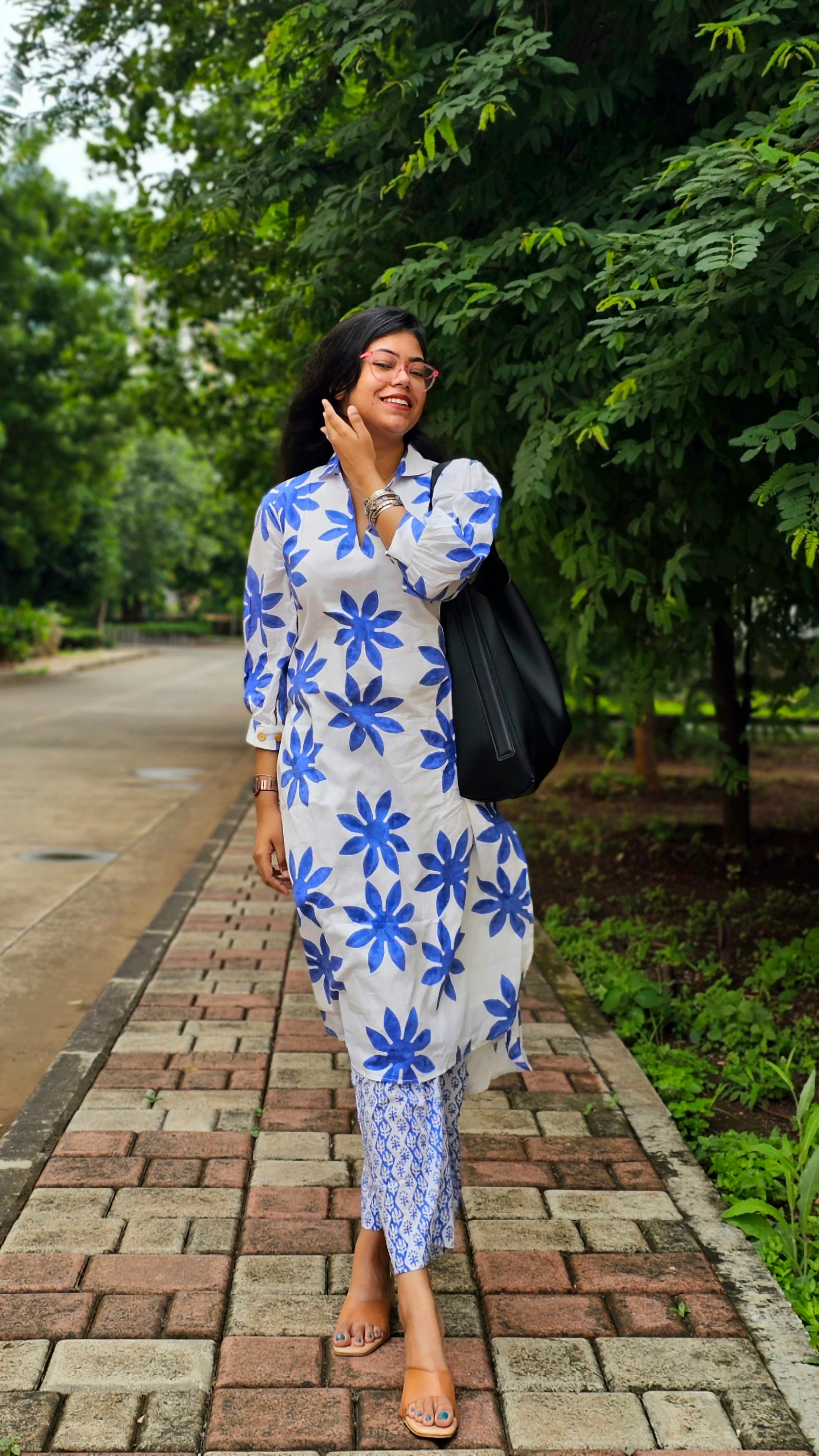 Wild Bloom White and Blue Kurta Pant Set