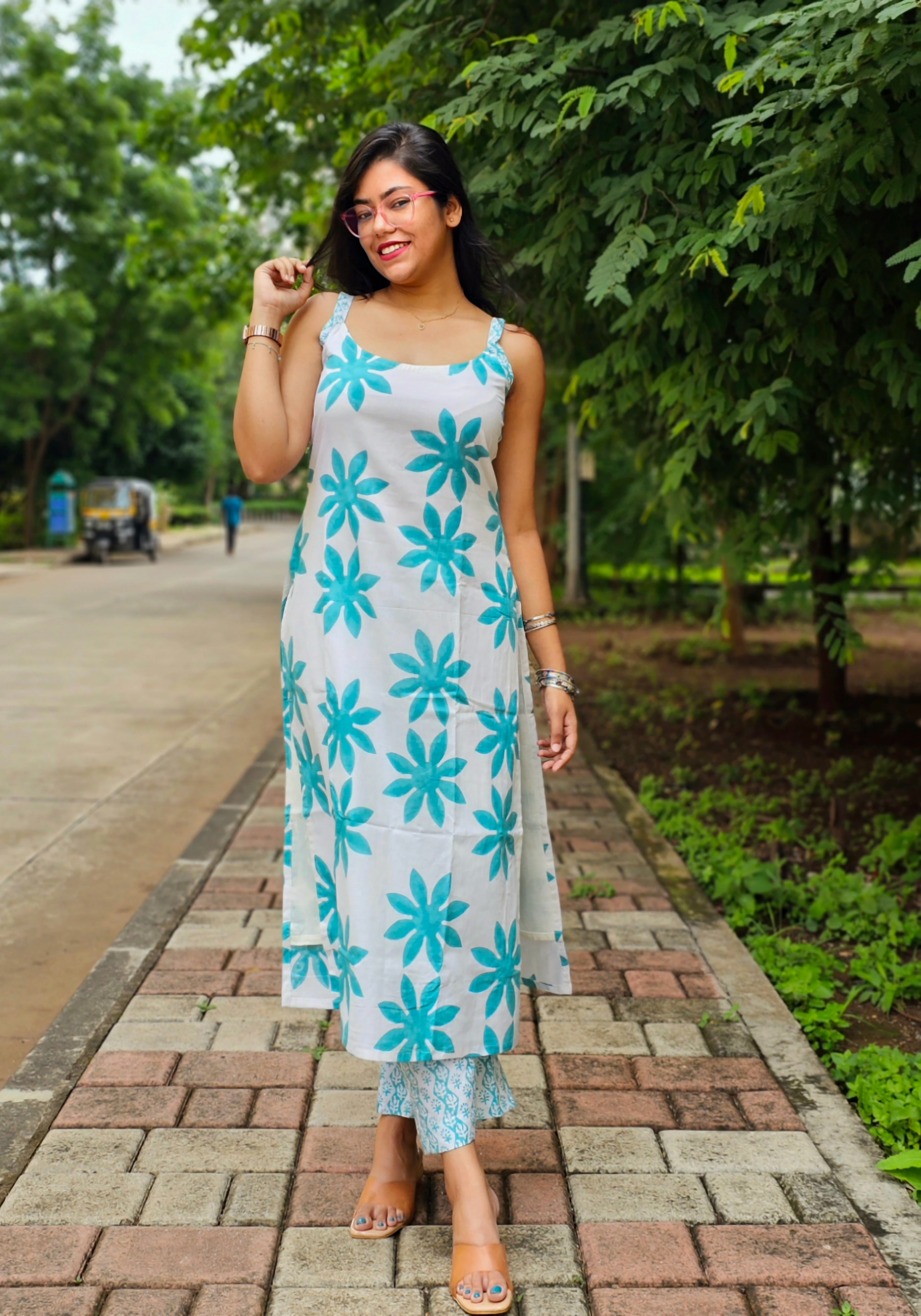Wild Bloom White and Turquoise Kurta Pant Set